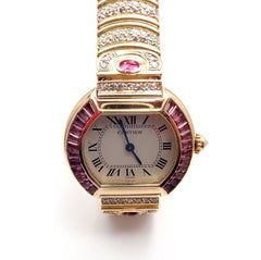 Cartier Paris Baignoire Ladies Diamond Pink Sapphire Yellow Gold Watch