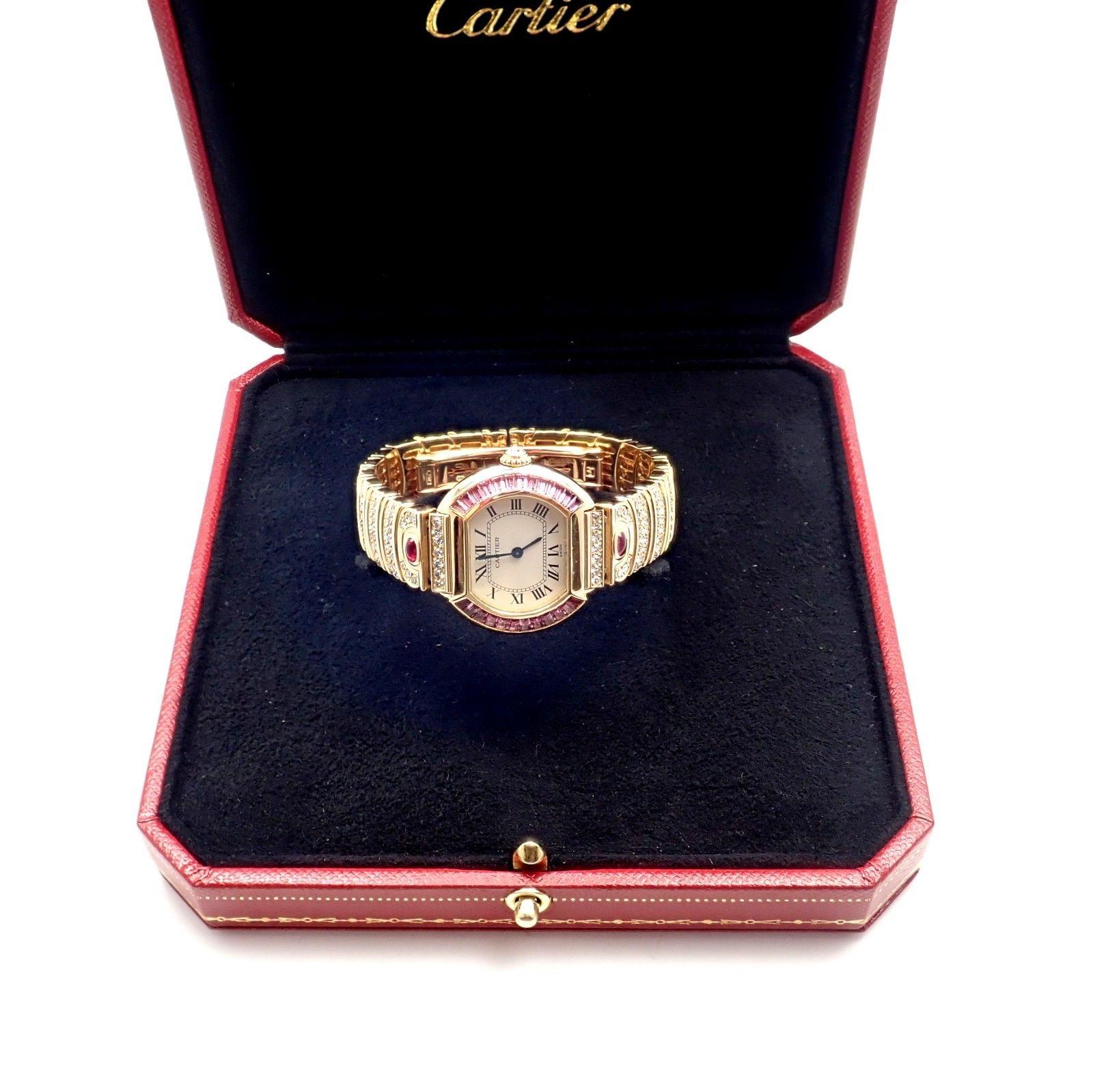 Cartier Paris Baignoire Ladies Diamond Pink Sapphire Yellow Gold Watch In Excellent Condition In Holland, PA