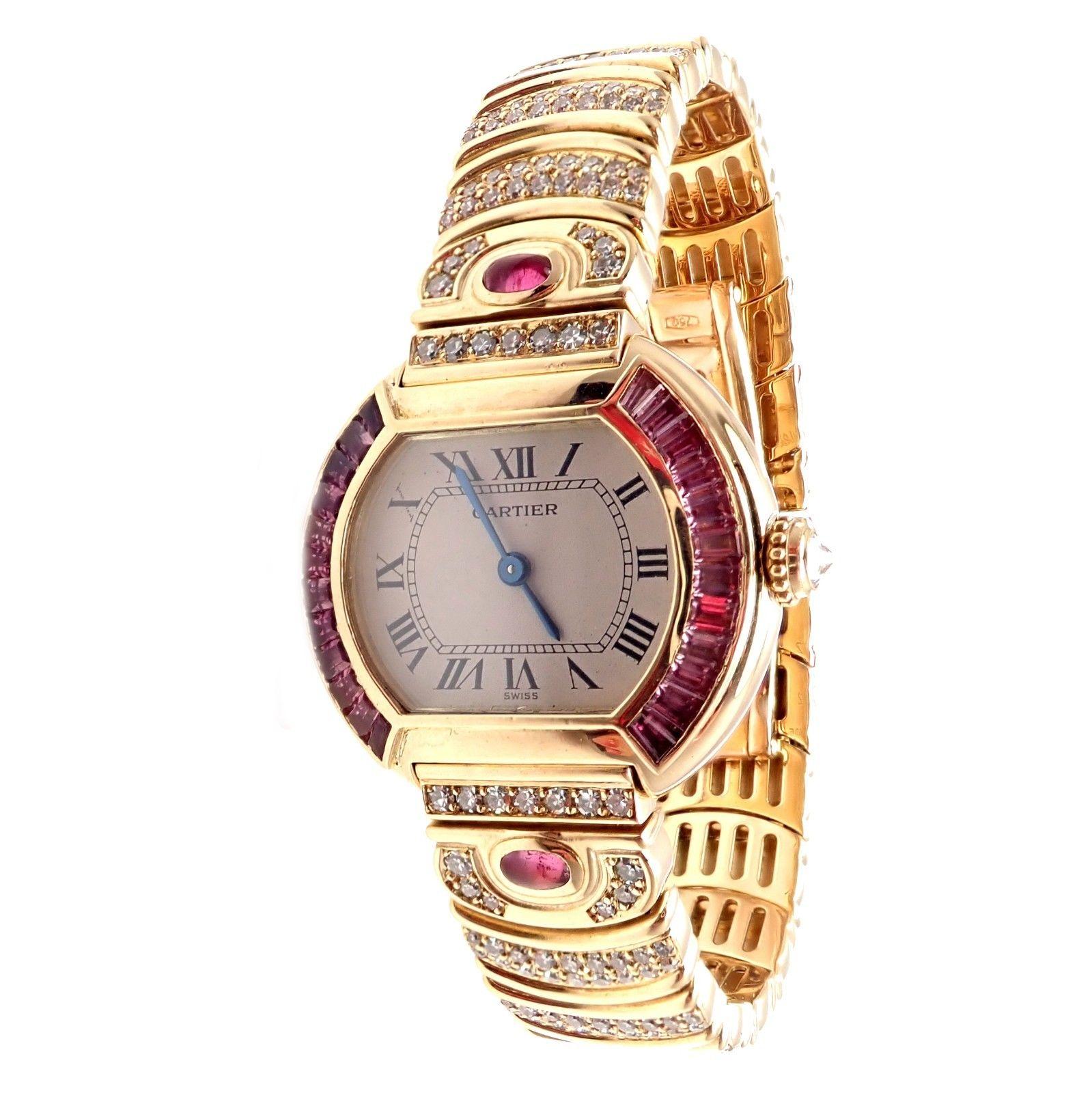 Cartier Paris Baignoire Damen-Diamant-Rosa-Saphir-Gelbgold-Uhr