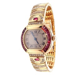 Cartier Paris Baignoire Ladies Diamond Pink Sapphire Yellow Gold Watch