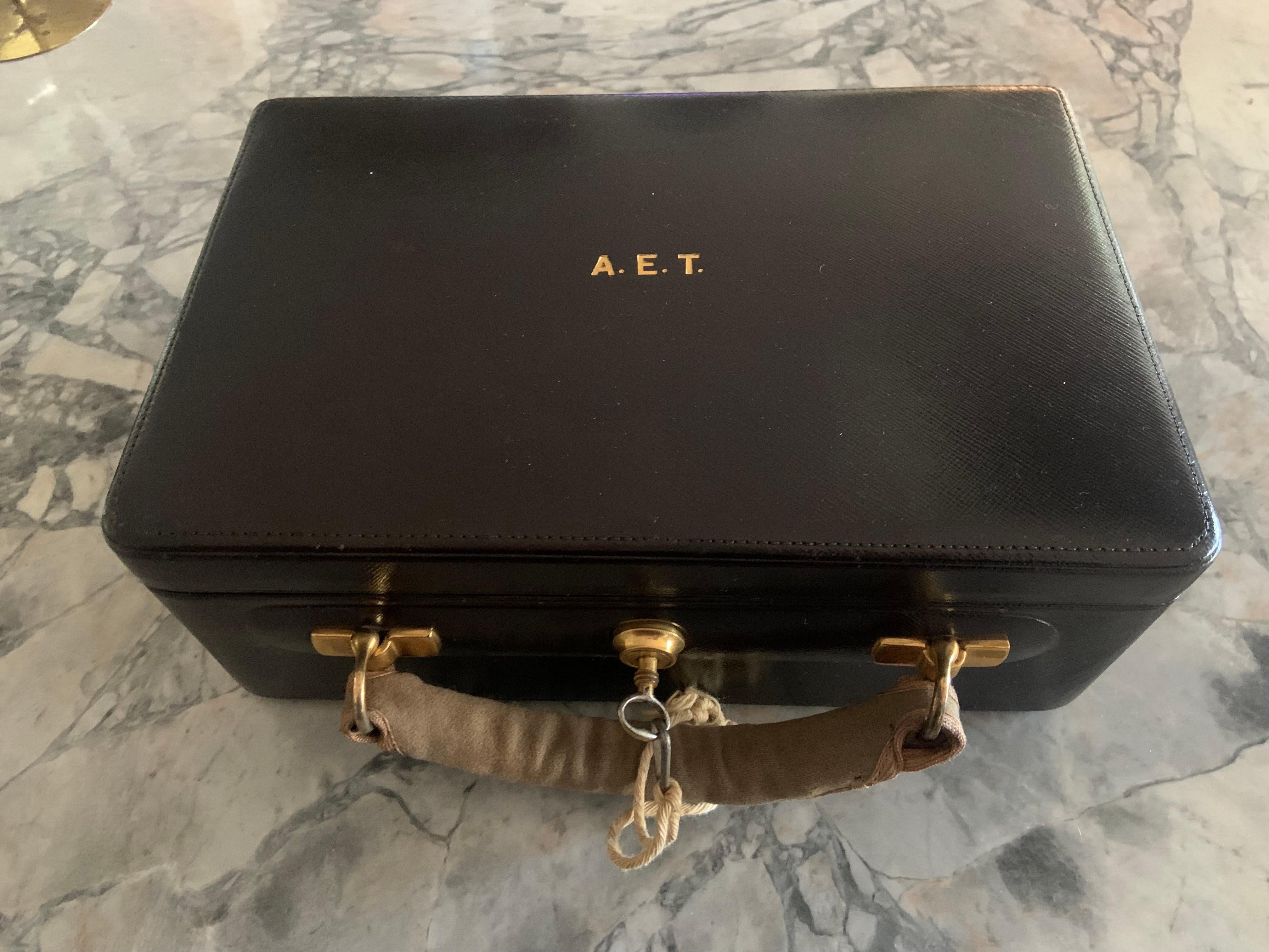 Cartier, Paris Black Leather and  Velvet Lined Jewelry Box and Key 6