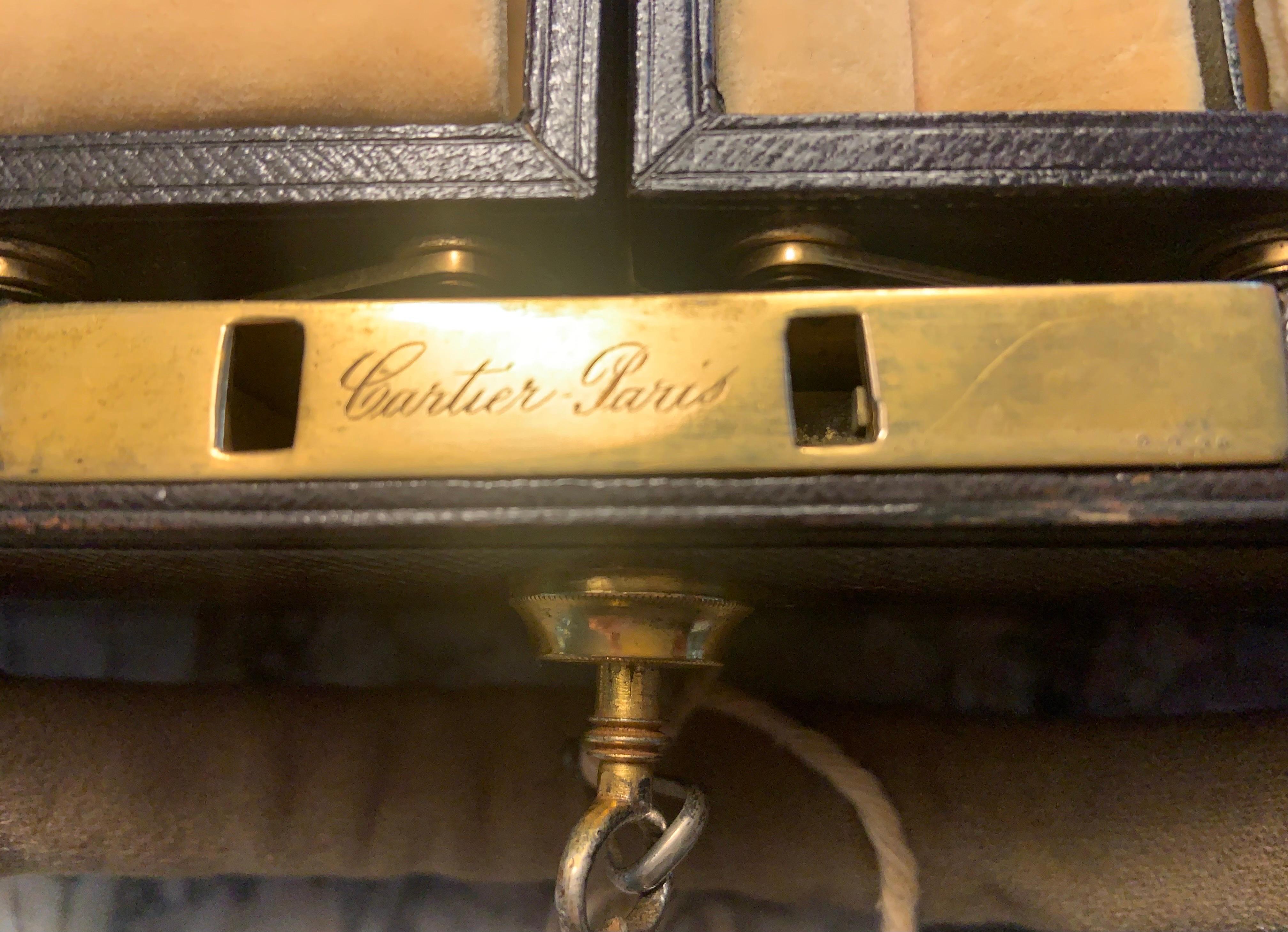 Cartier, Paris Black Leather and  Velvet Lined Jewelry Box and Key 7