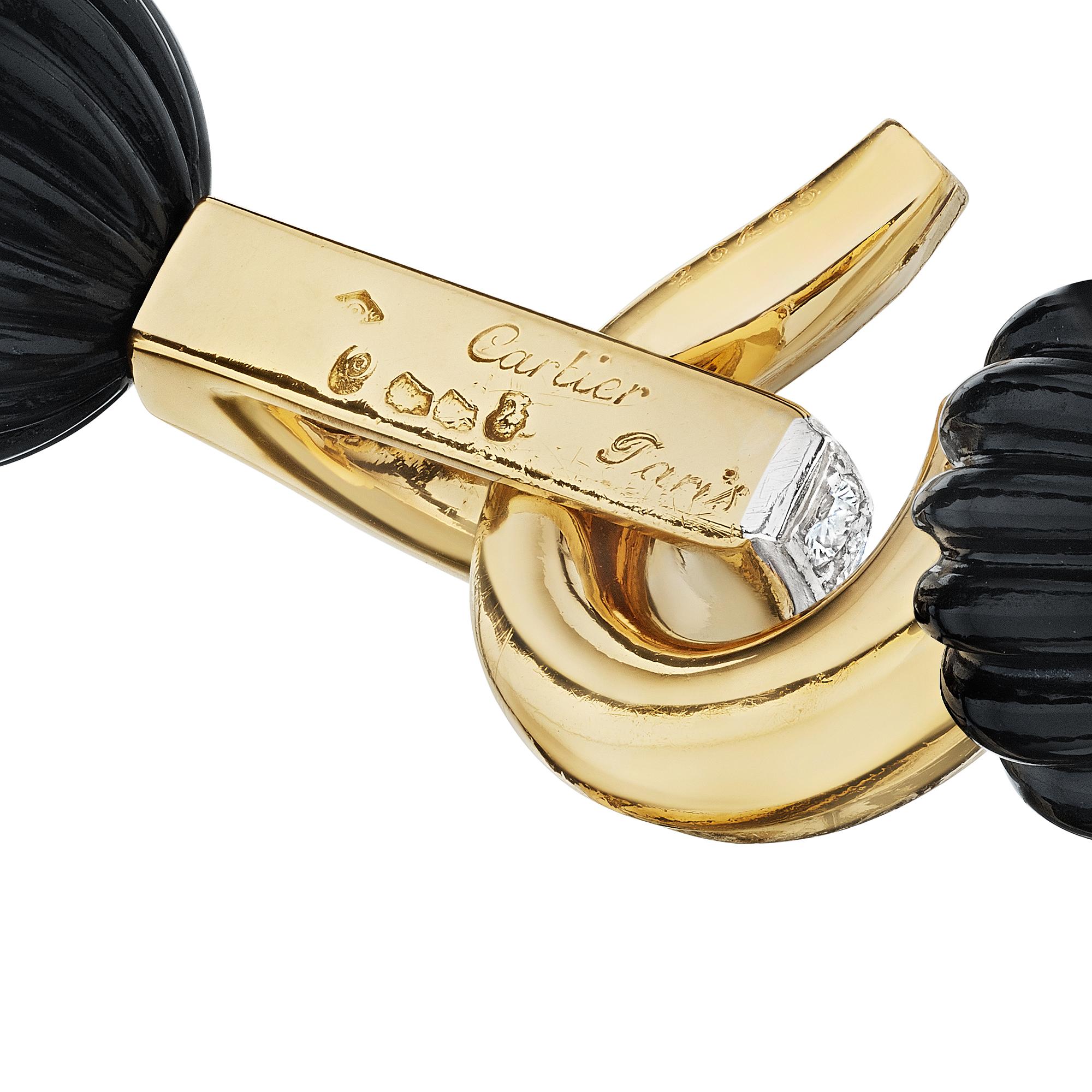 Modernist Cartier Paris Black Onyx Diamond Gold Vintage Bead Bracelet For Sale