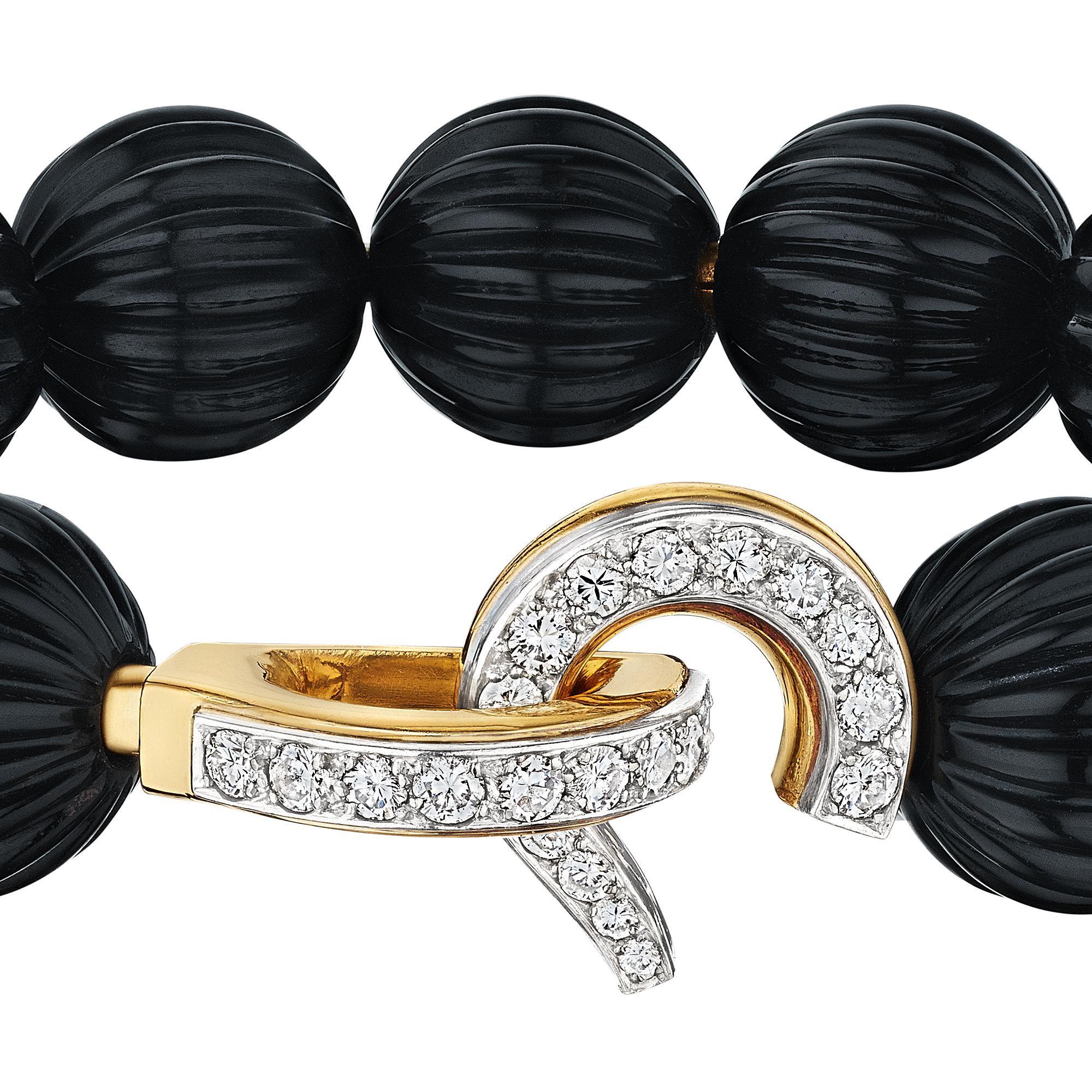 Round Cut Cartier Paris Black Onyx Diamond Gold Vintage Bead Bracelet For Sale