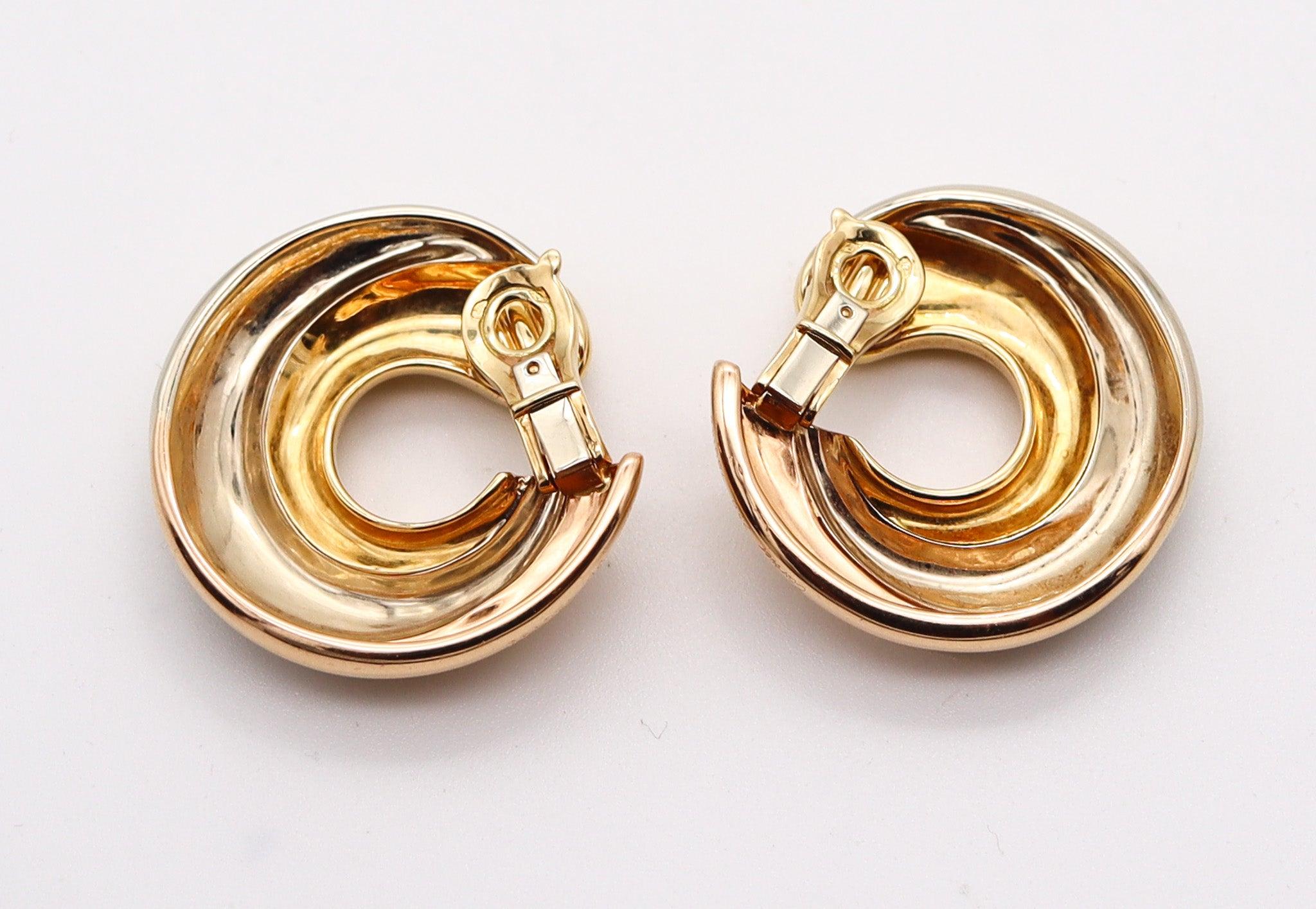 CARTIER Paris Bold Clips-On Hoops Earrings In Three Tones Of Solid 18Kt Gold For Sale 2