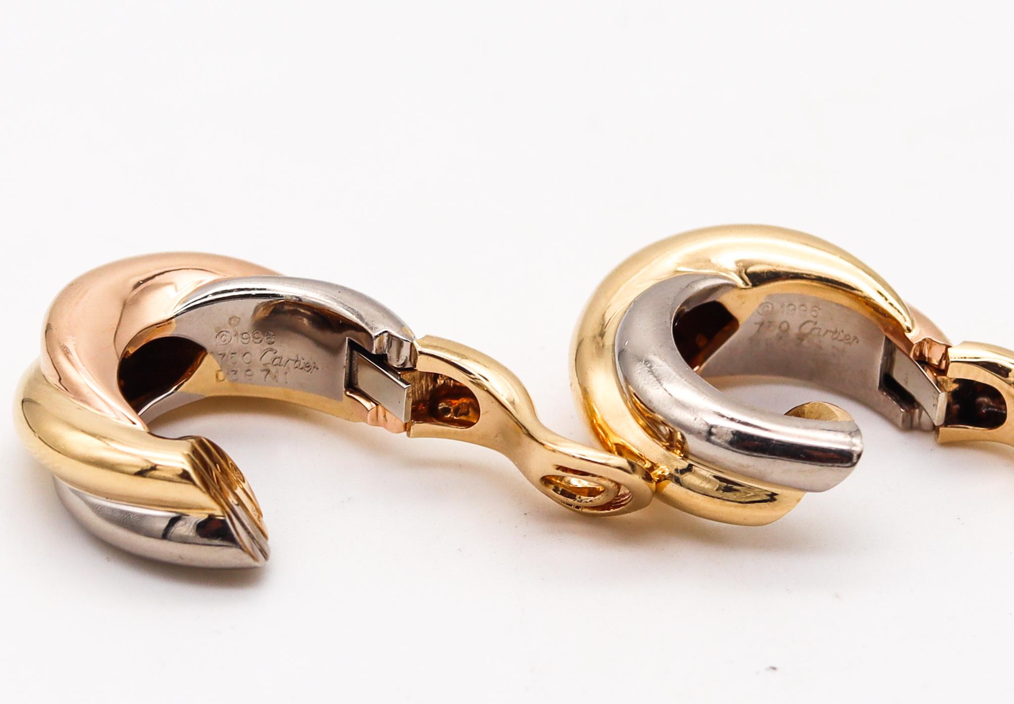 Modernist Cartier Paris Bold Large Trinity Hoop Earrings In Three Tones Of Solid 18Kt Gold For Sale