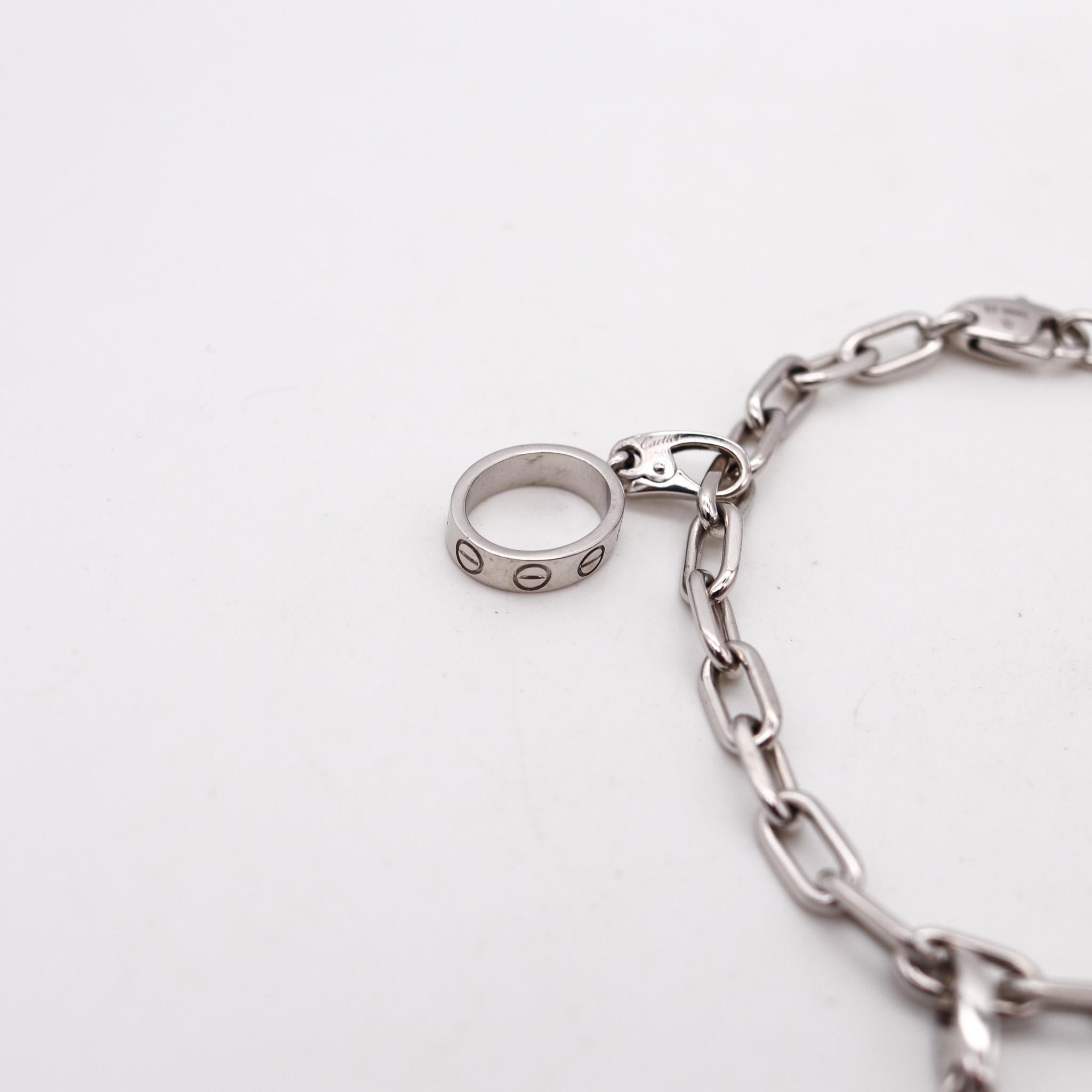 Modernist Cartier Paris Bracelet With Three Charms in Solid 18Kt White Gold With Box For Sale