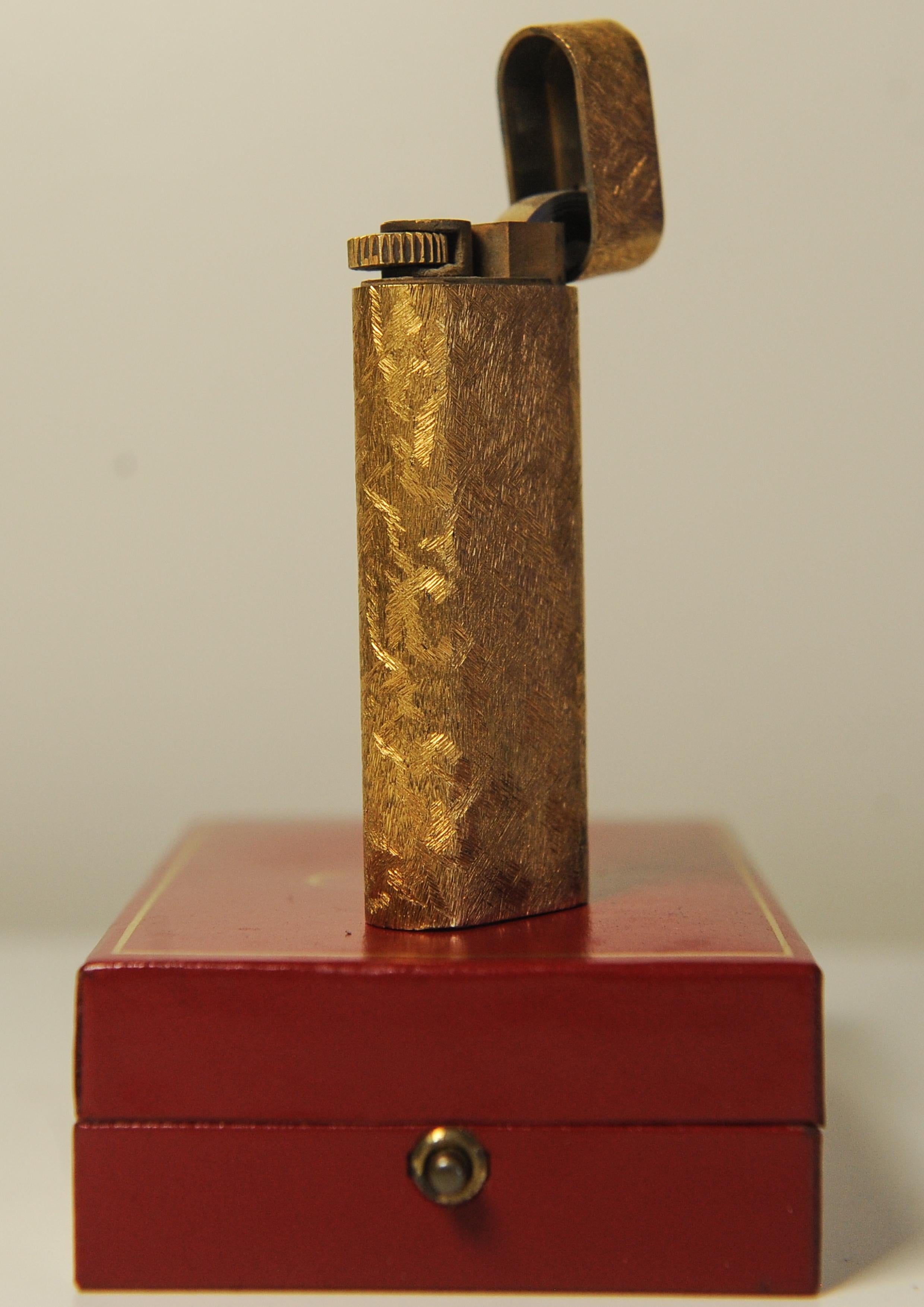 Art Deco Cartier 18ct Gold Plate Rare Bark Design Cigarette Lighter In Cartier Box For Sale