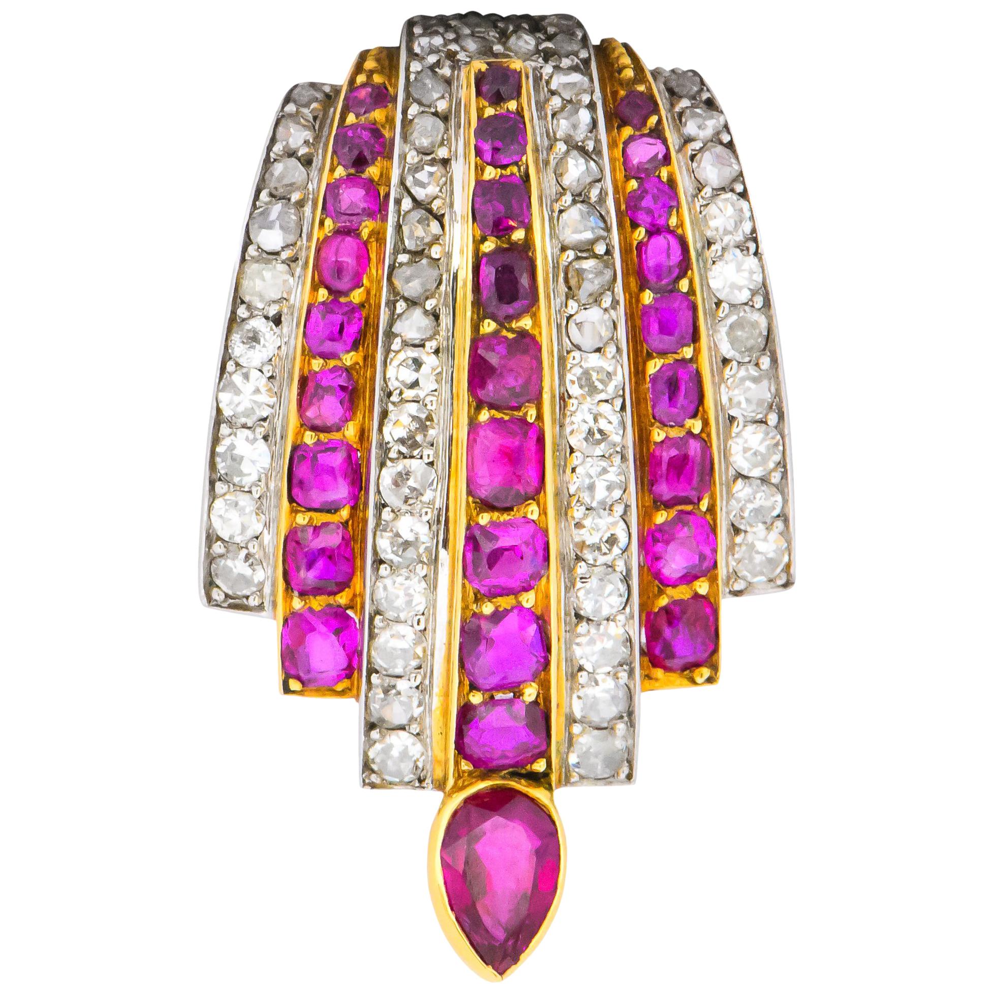 Cartier Paris 3.75 Carat Burma Ruby Diamond Platinum 18kt Gold Pendant Brooch