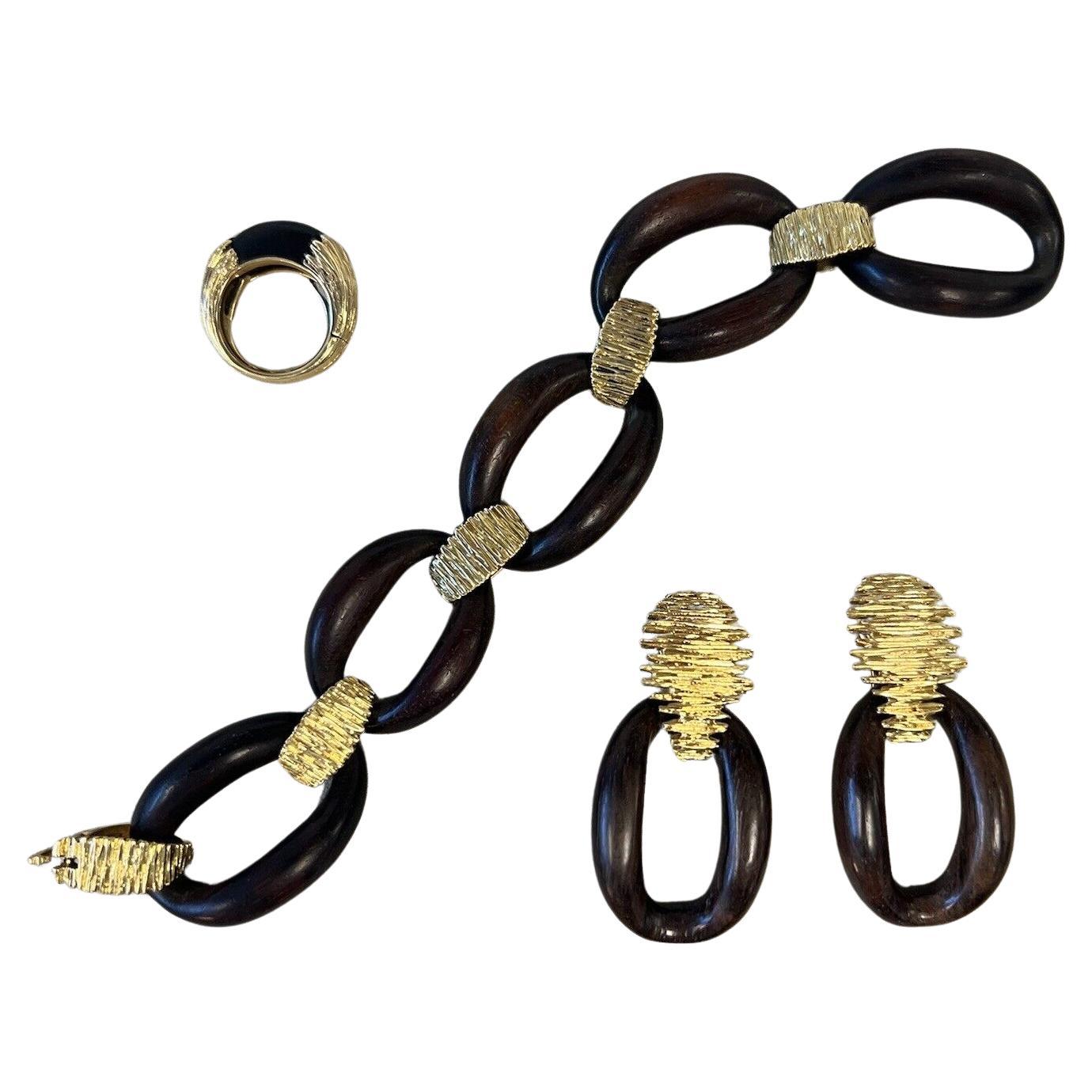 CARTIER PARIS by Pery Et Fils 18k YG & Wood Bracelet, Earrings & Ring Set Rare For Sale