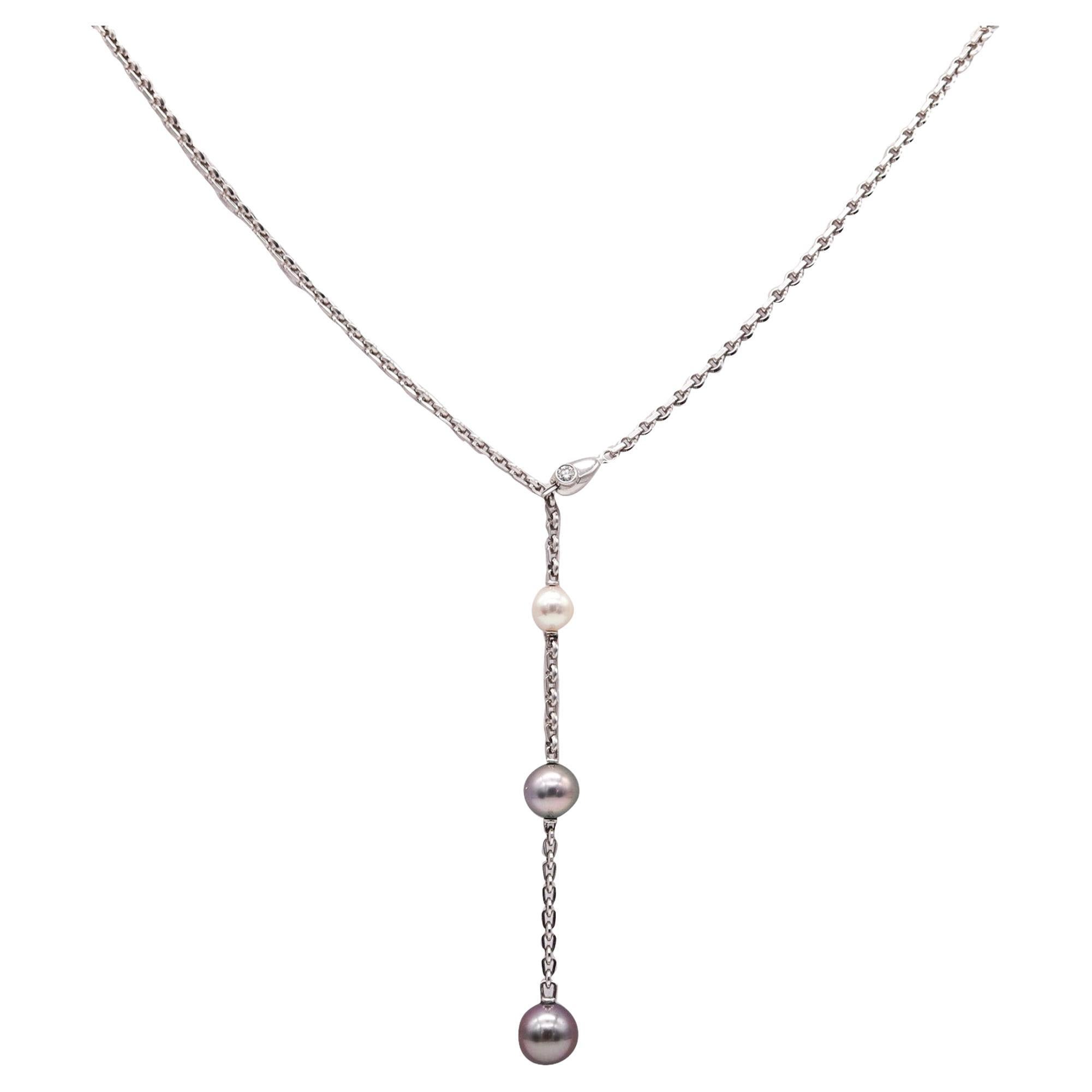 Cartier Paris Calin Lariat Necklace In 18Kt White Gold With Diamond And Pearls For Sale