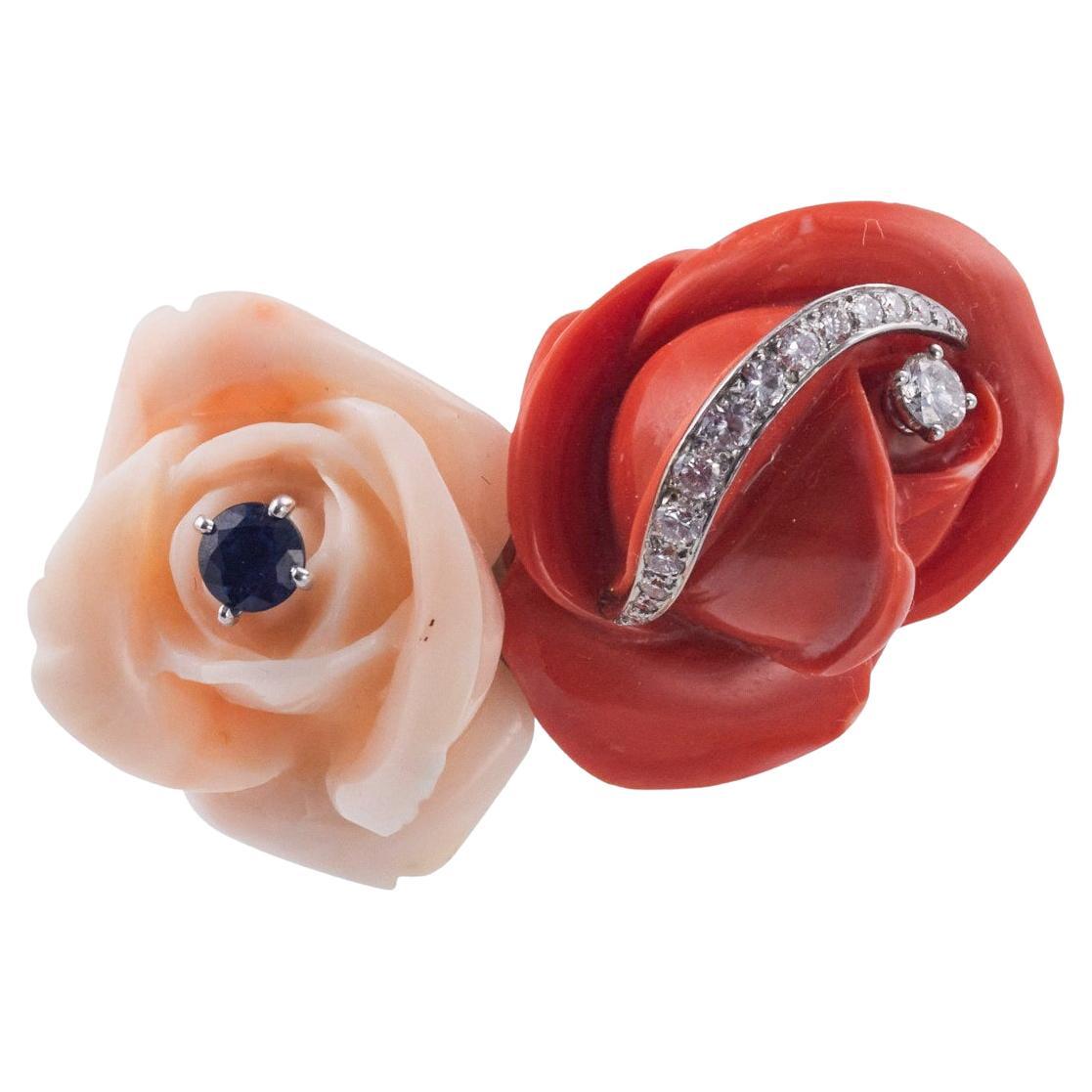 Cartier Paris Carved Coral Diamond Sapphire Rose Flower Gold Brooch  For Sale