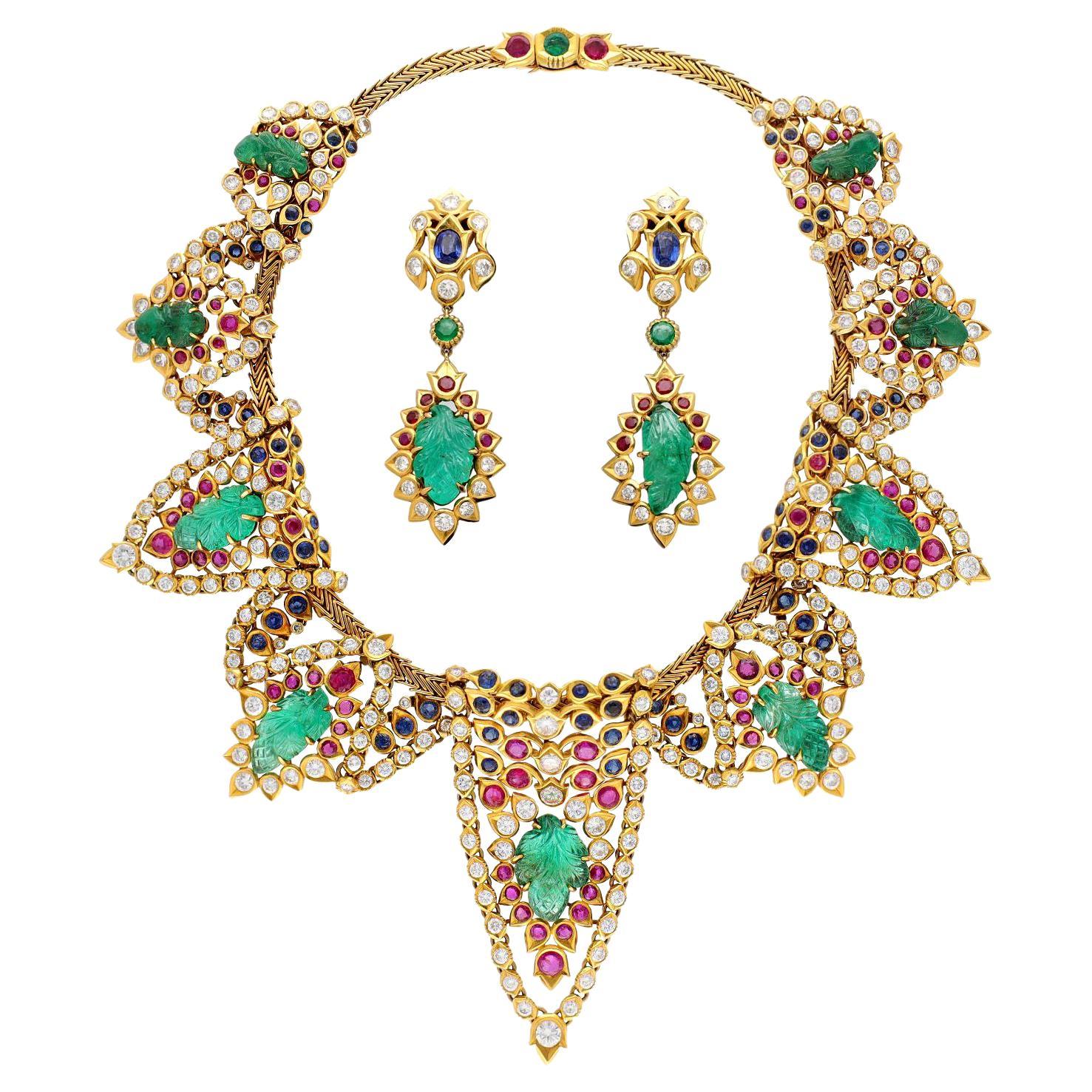 Cartier Paris Carved Emerald, Ruby, Sapphire and Diamond Demi-Parure For Sale