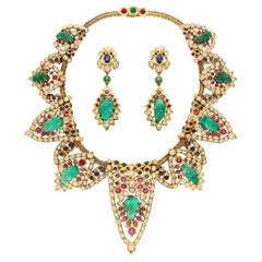 Vintage Cartier Paris Carved Emerald, Ruby, Sapphire and Diamond Demi-Parure