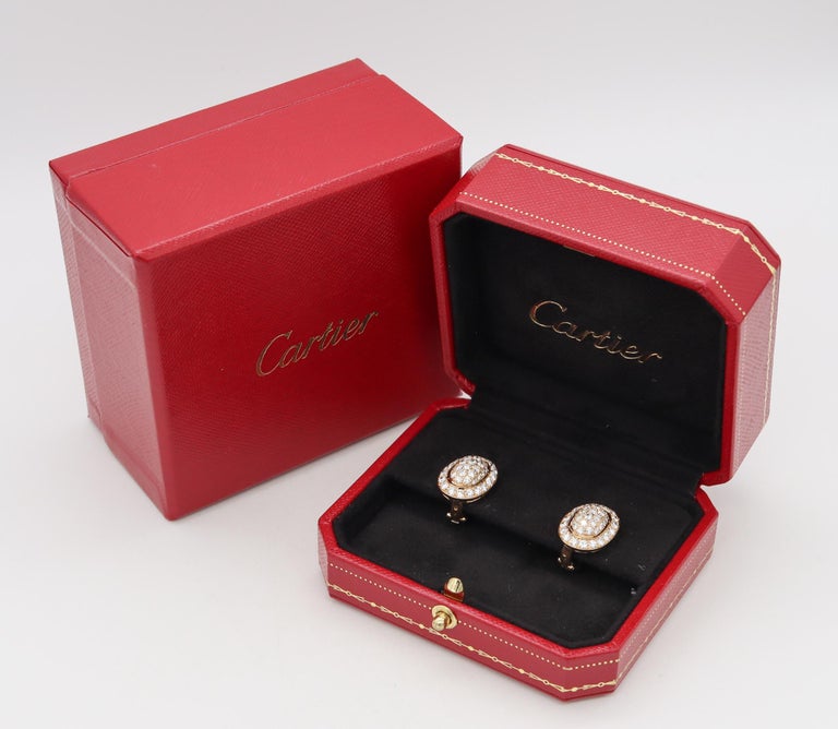 Modernist Cartier Paris Clip Earrings in 18kt Yellow Gold with 4.42 Cts in VS Diamonds Box For Sale