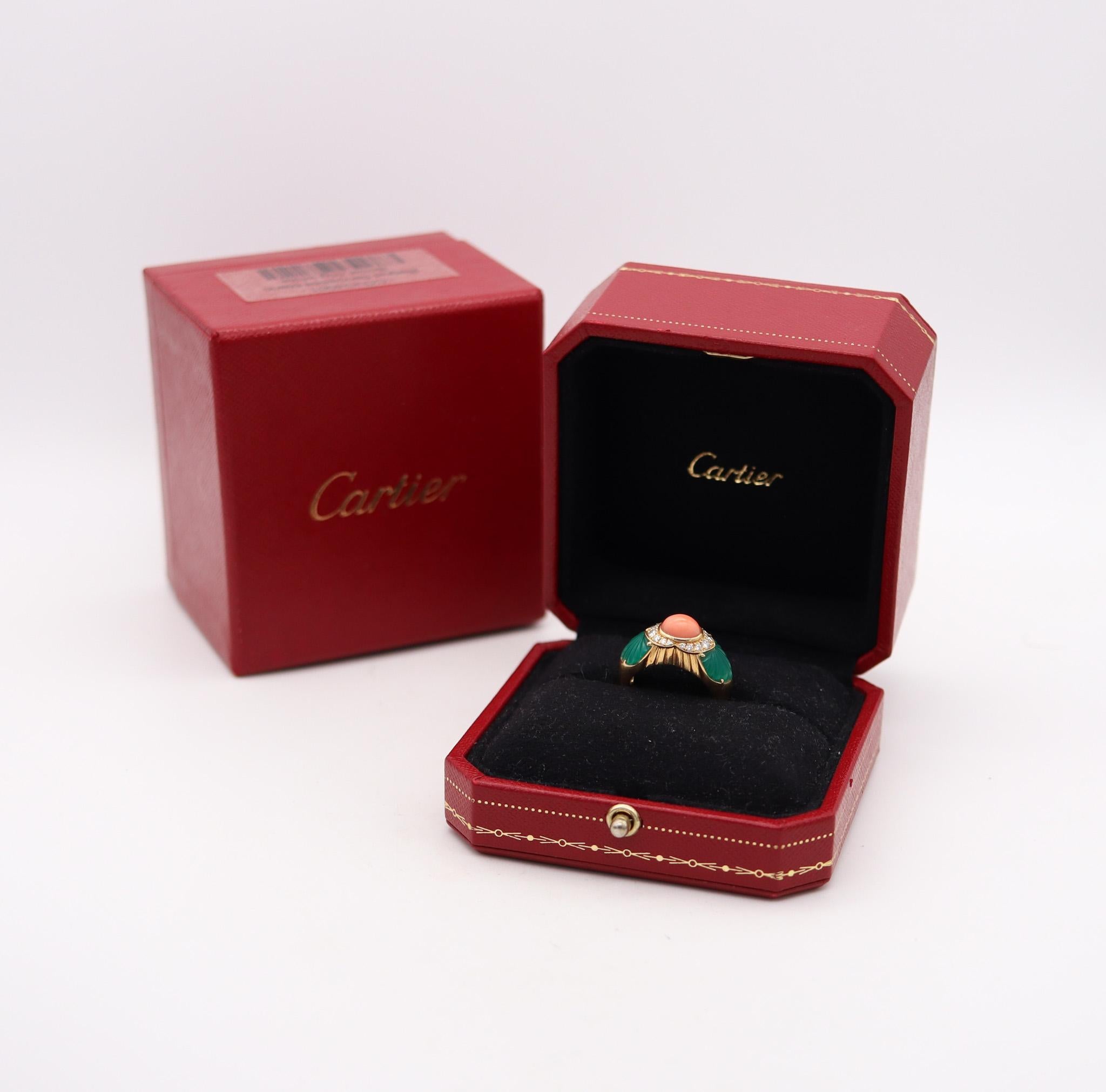 A cocktail ring designed by Cartier.

Gorgeous colorful cocktail ring, created in Paris France by the jewelry house of Cartier, back in the 1990. This stunning cocktail ring has been crafted with a bombe shape in solid yellow gold of 18 karats with