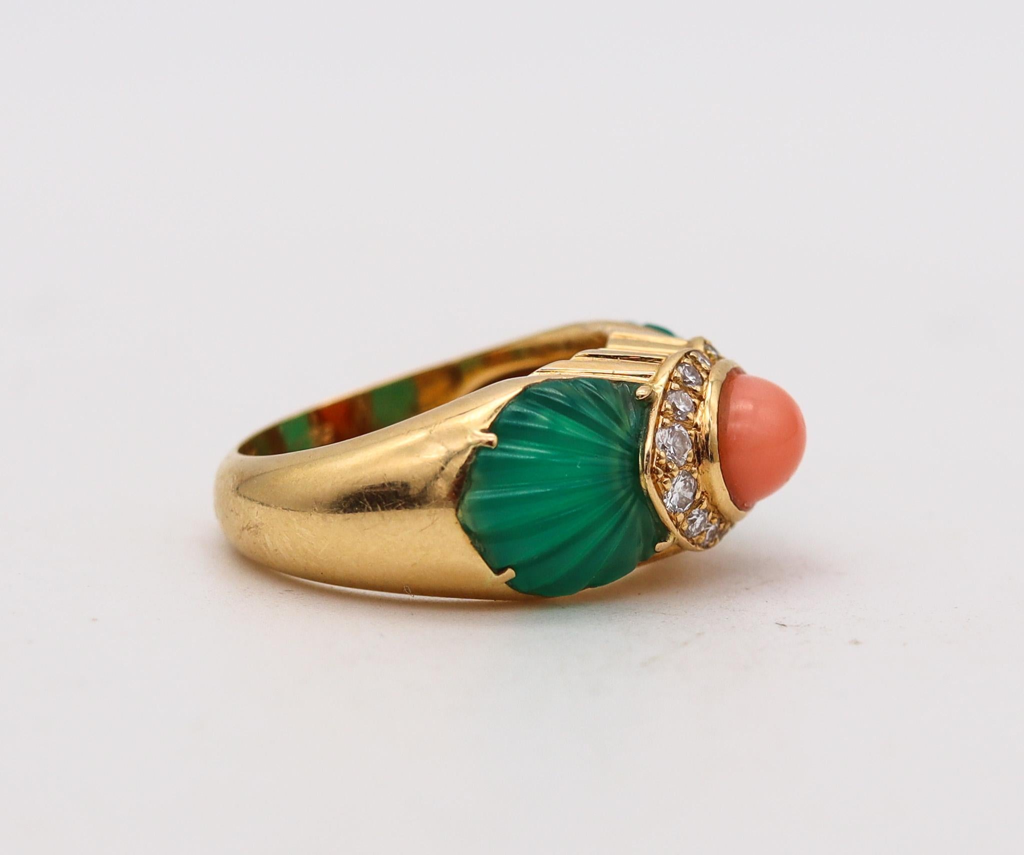 Cartier Paris Cocktail Ring 18Kt Gold With 6.02 Ctw Diamonds Coral & Chrysoprase In Excellent Condition In Miami, FL