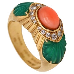 Cartier Paris Cocktail Ring 18Kt Gold With 6.02 Ctw Diamonds Coral & Chrysoprase