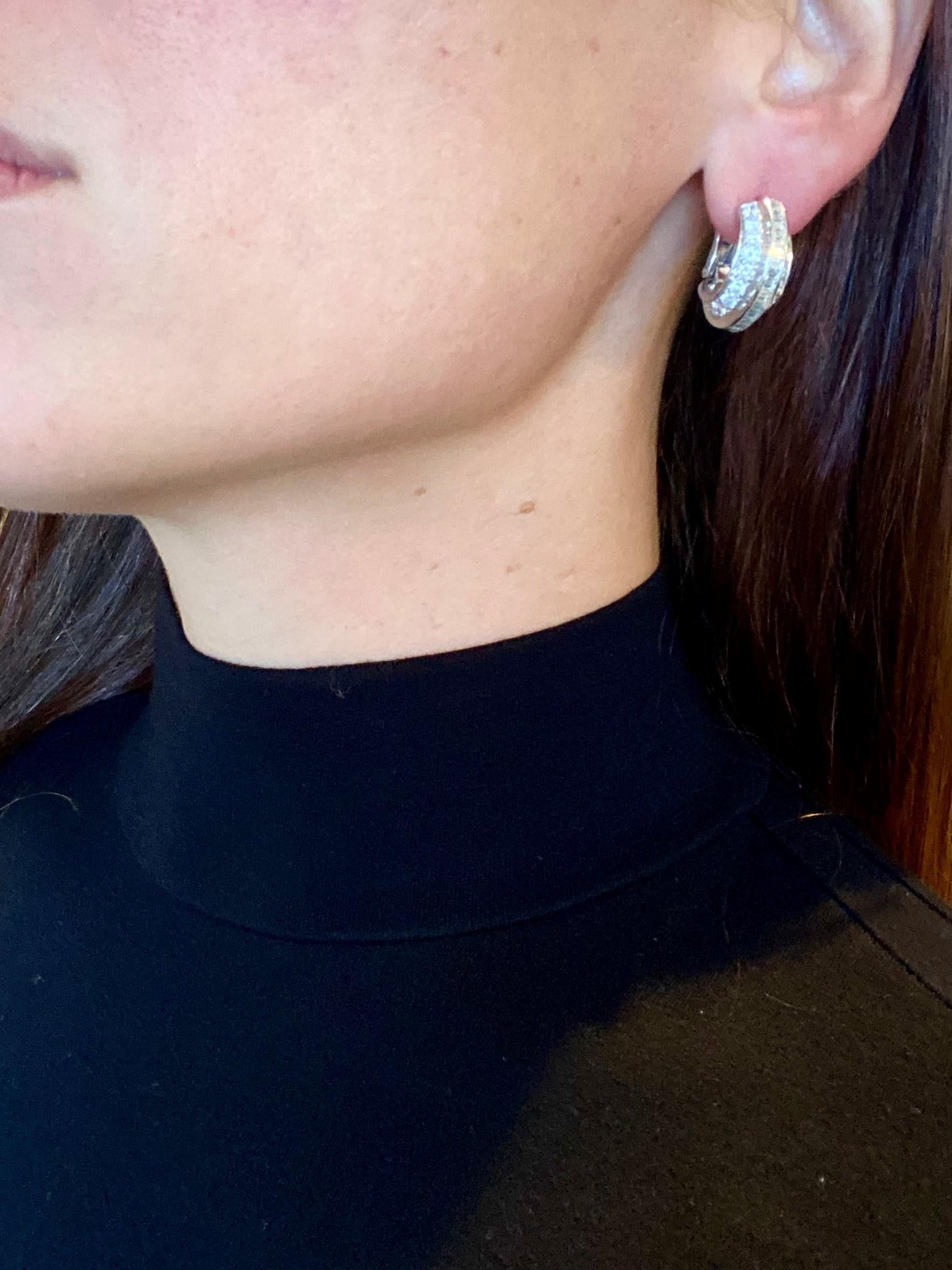 Diamonds set earrings designed by Cartier.

Extraordinary and very rare diamonds hoops created in Paris France by the jewelry house of Cartier. These classic earrings are from the Cartier collection privee and has been carefully crafted in solid