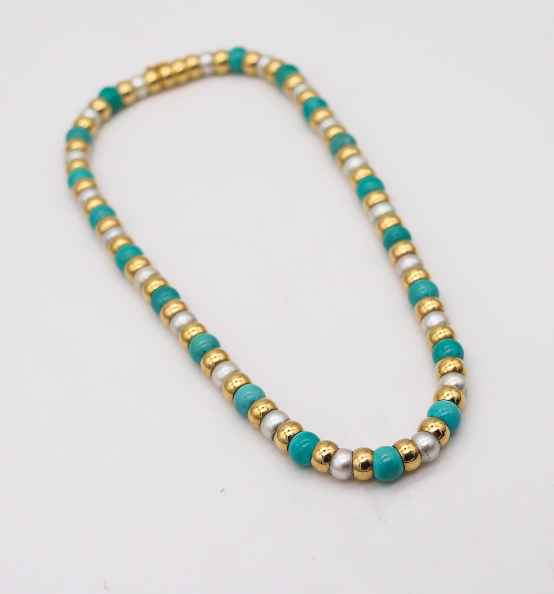 Modern Cartier Paris Colorful Necklace in 18Kt Yellow Gold with Turquoises and Pearls