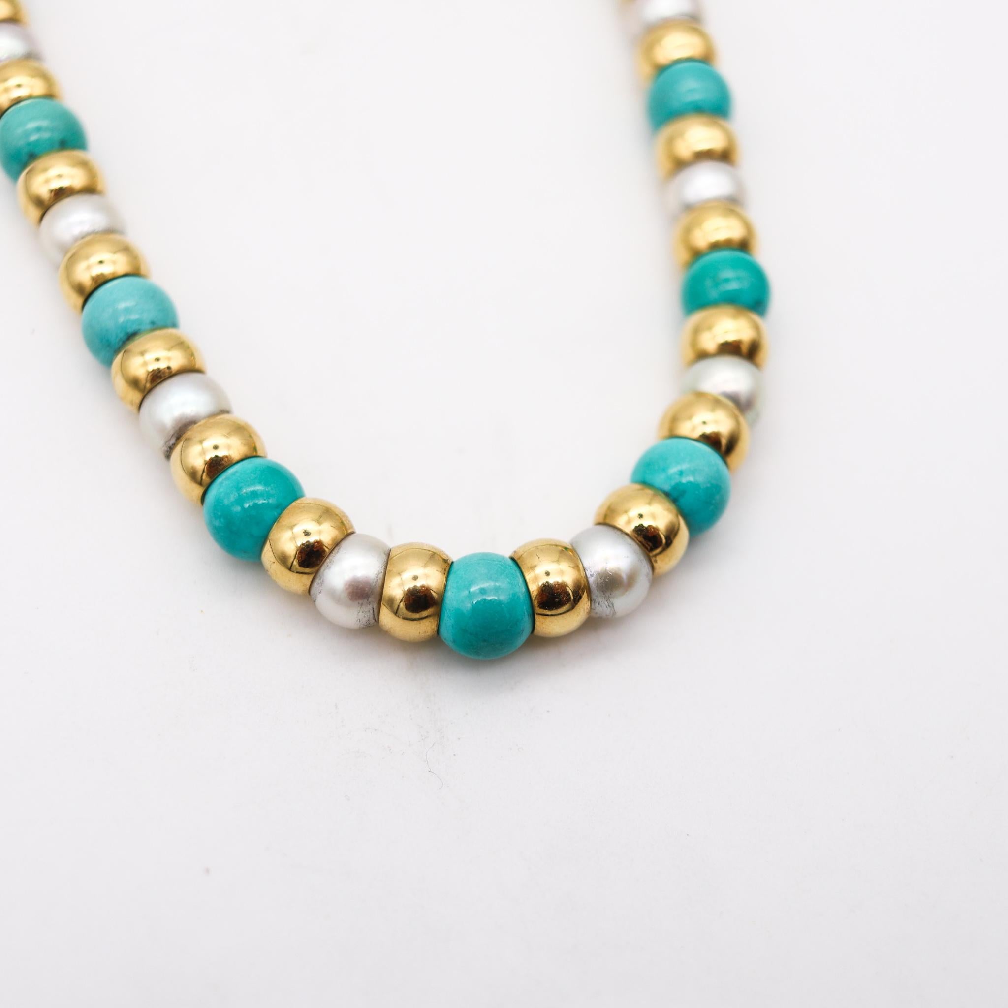 Round Cut Cartier Paris Colorful Necklace in 18Kt Yellow Gold with Turquoises and Pearls
