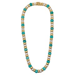 Cartier Paris Colorful Necklace in 18Kt Yellow Gold with Turquoises and Pearls