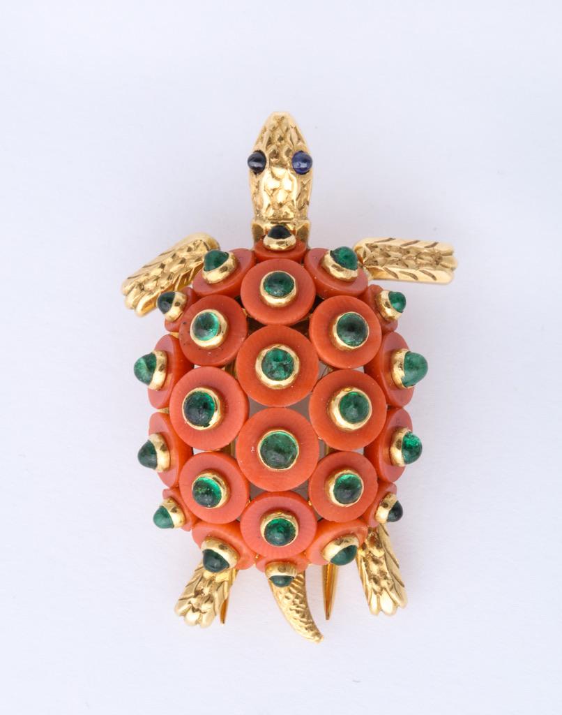 Cartier Paris Coral, Emerald, Sapphire Turtle Pin In Excellent Condition In Bal Harbour, FL