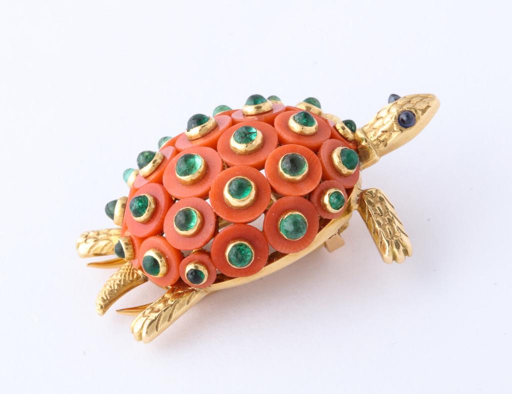 Women's or Men's Cartier Paris Coral, Emerald, Sapphire Turtle Pin