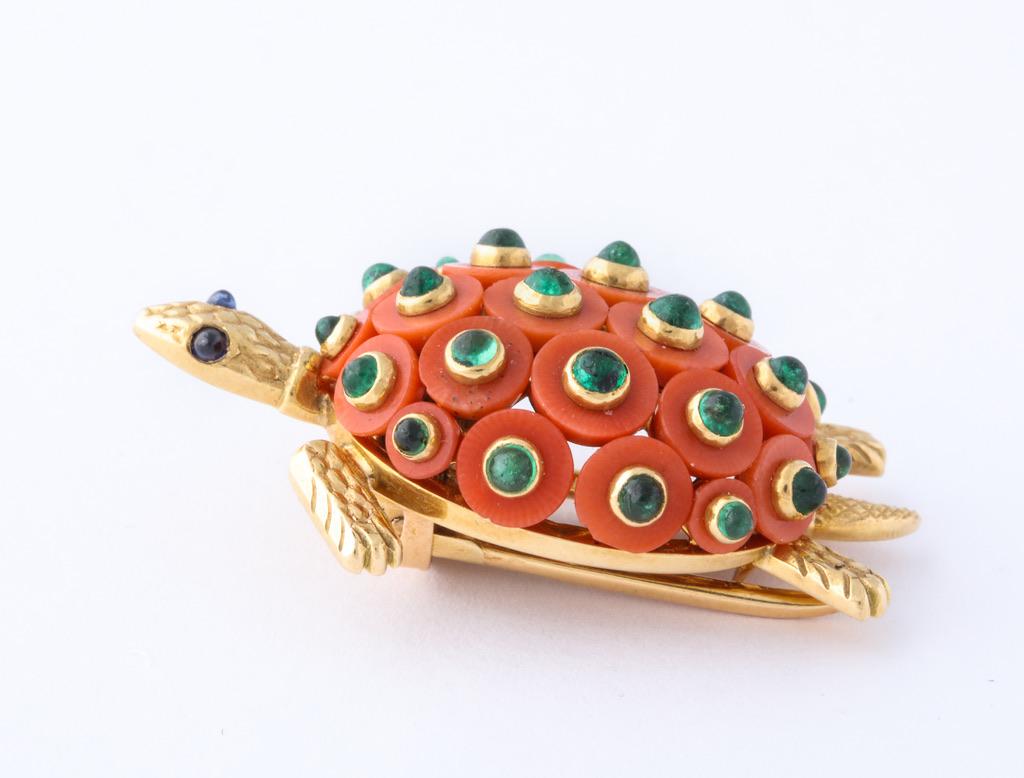 Cartier Paris Coral, Emerald, Sapphire Turtle Pin 1