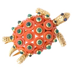 Cartier Paris Coral, Emerald, Sapphire Turtle Pin