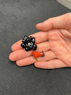 Cartier Paris Coral Hand and Carved Black Enamel Flower Clip/Brooch with Diamond