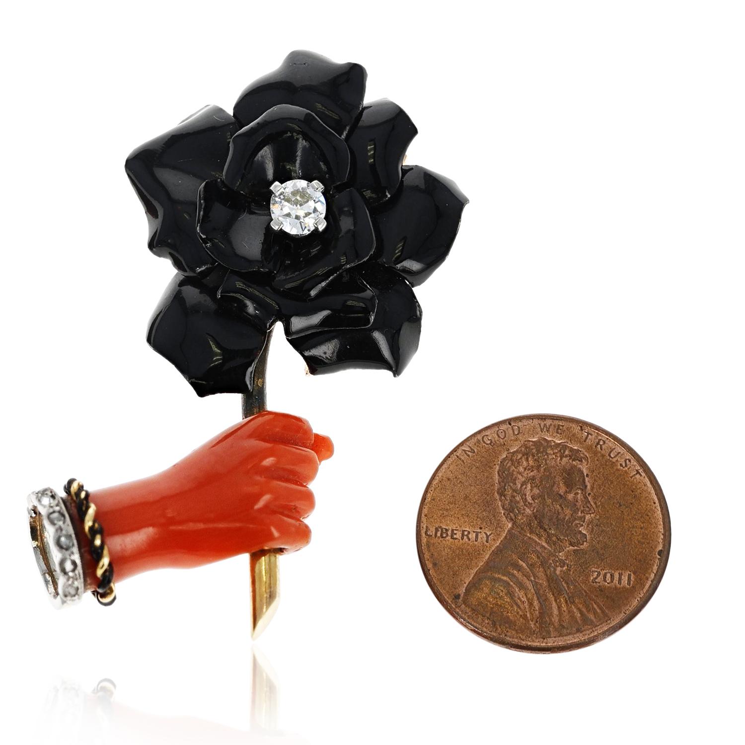 Round Cut Cartier Paris Coral Hand and Carved Black Enamel Flower Clip/Brooch with Diamond For Sale