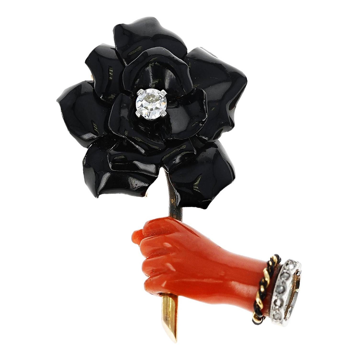 Cartier Paris Coral Hand and Carved Black Enamel Flower Clip/Brooch with Diamond For Sale