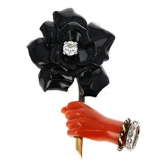 Vintage Cartier Paris Coral Hand and Carved Black Enamel Flower Clip/Brooch with Diamond