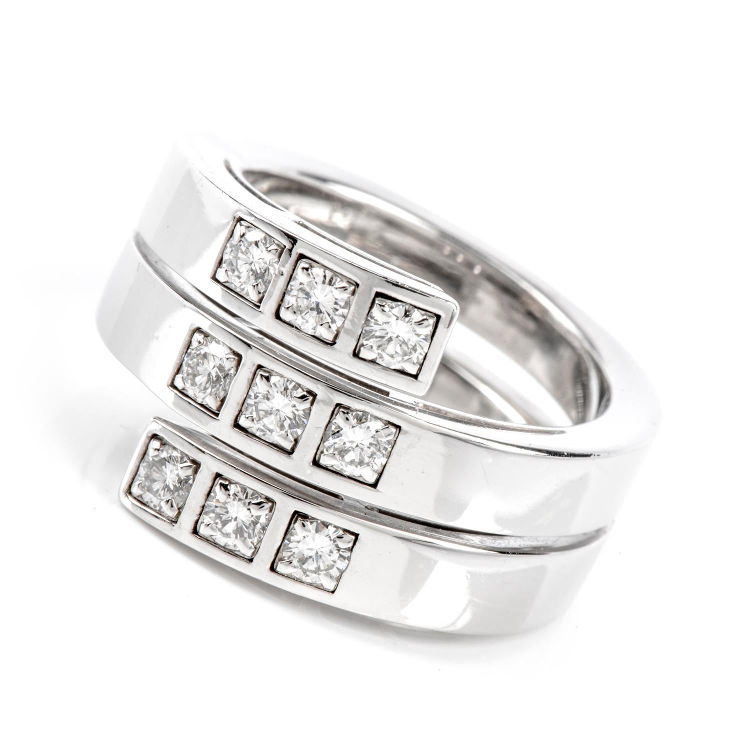 For the lover of something slightly different, this Cartier
Wedding or cocktail ring offers the look of 3 stacked bands. 
Weighing appx. 16.8 grams of 18K white gold, this Heavy ring features 
9 identically matched and precision set round, brilliant