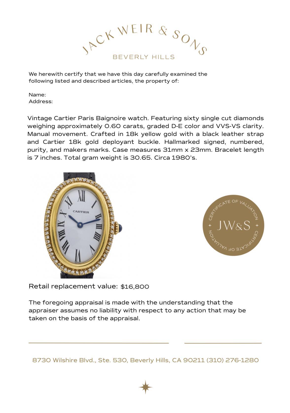 Montre Baignoire en or jaune 18k et diamants de Cartier Paris en vente 3