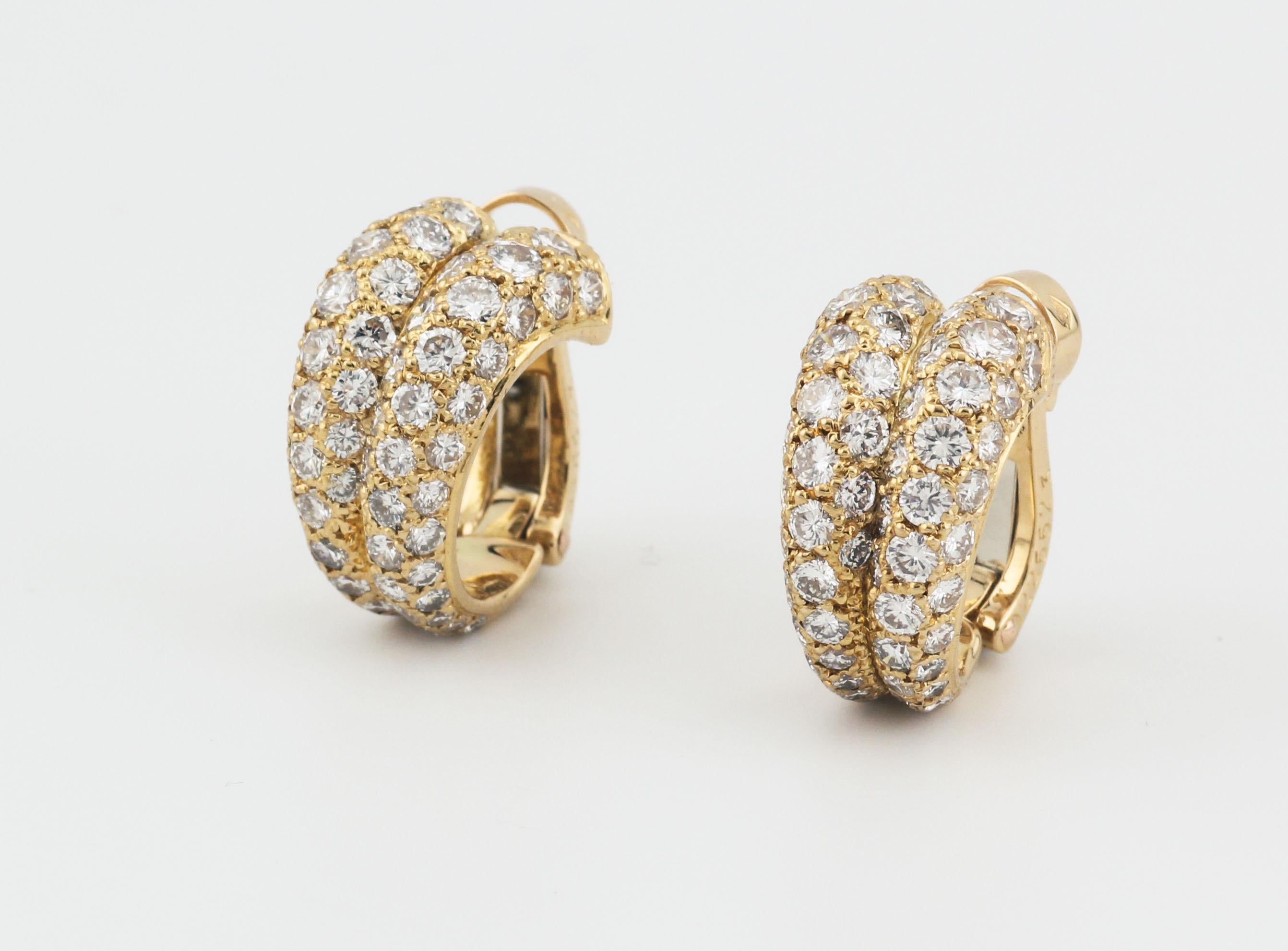 Cartier Paris Diamond 18K Yellow Gold Double Row Huggie Earrings In Good Condition In Simpsonville, SC