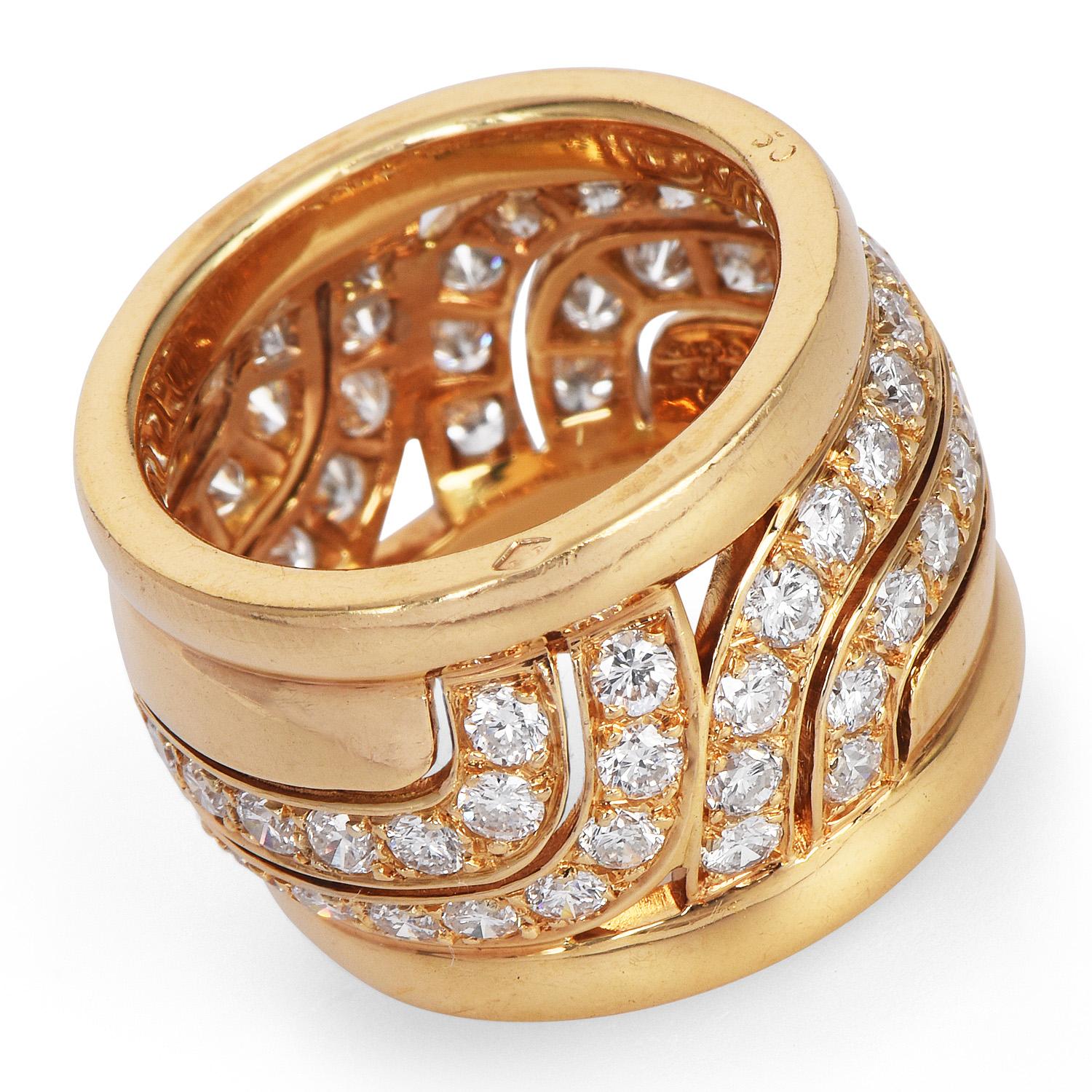 This Cartier Wide Band is inspired by the retro 1980s style, the ring is perfect for unisex wearing.

This French Cartier Ring is crafted in solid heavy 18K yellow gold, adorned with 64 round brilliant cut diamonds, VVS1 clarity, E-F  color total