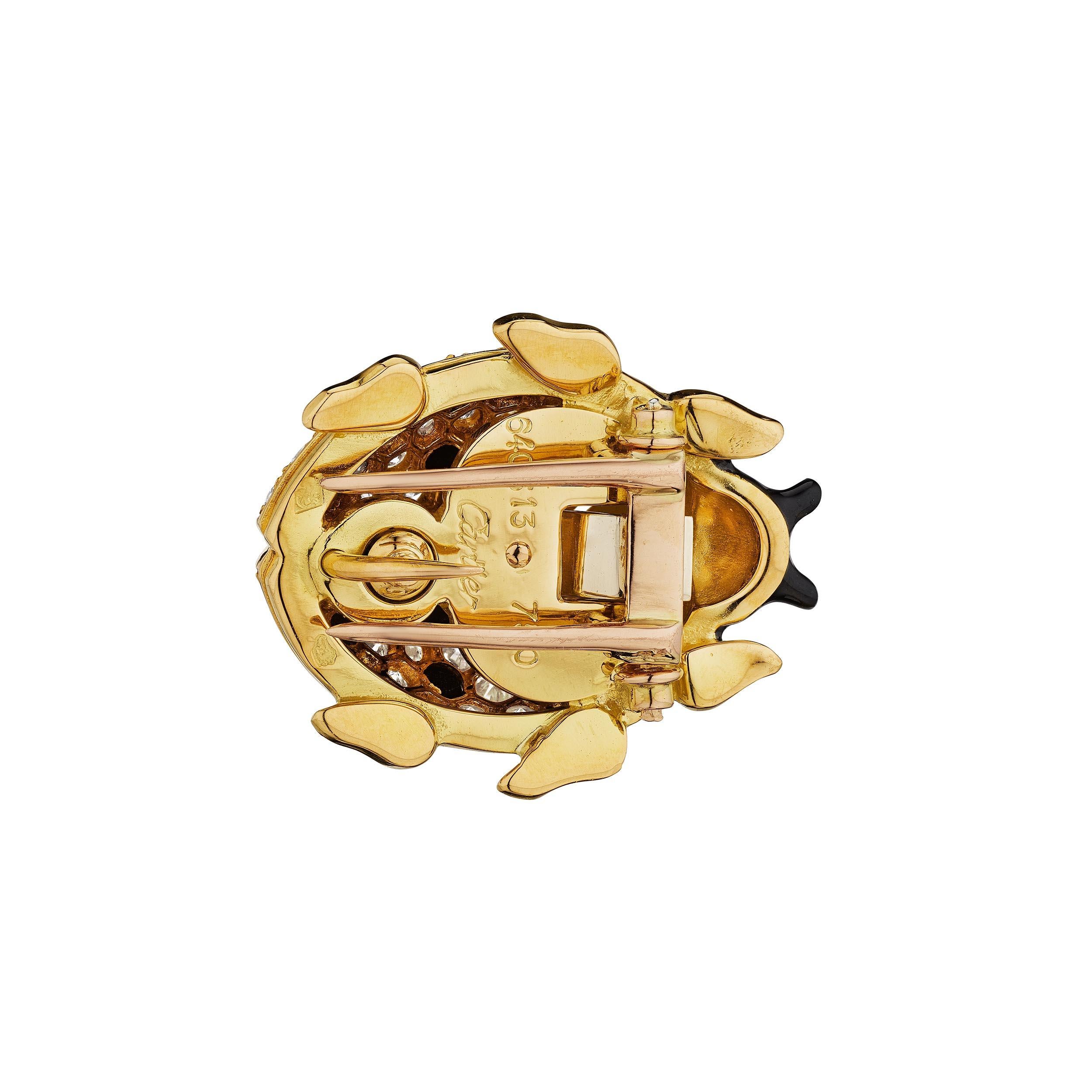 Cartier París Diamante Ónice Negro Esmalte Oro Broche Mariquita Vintage Modernista en venta