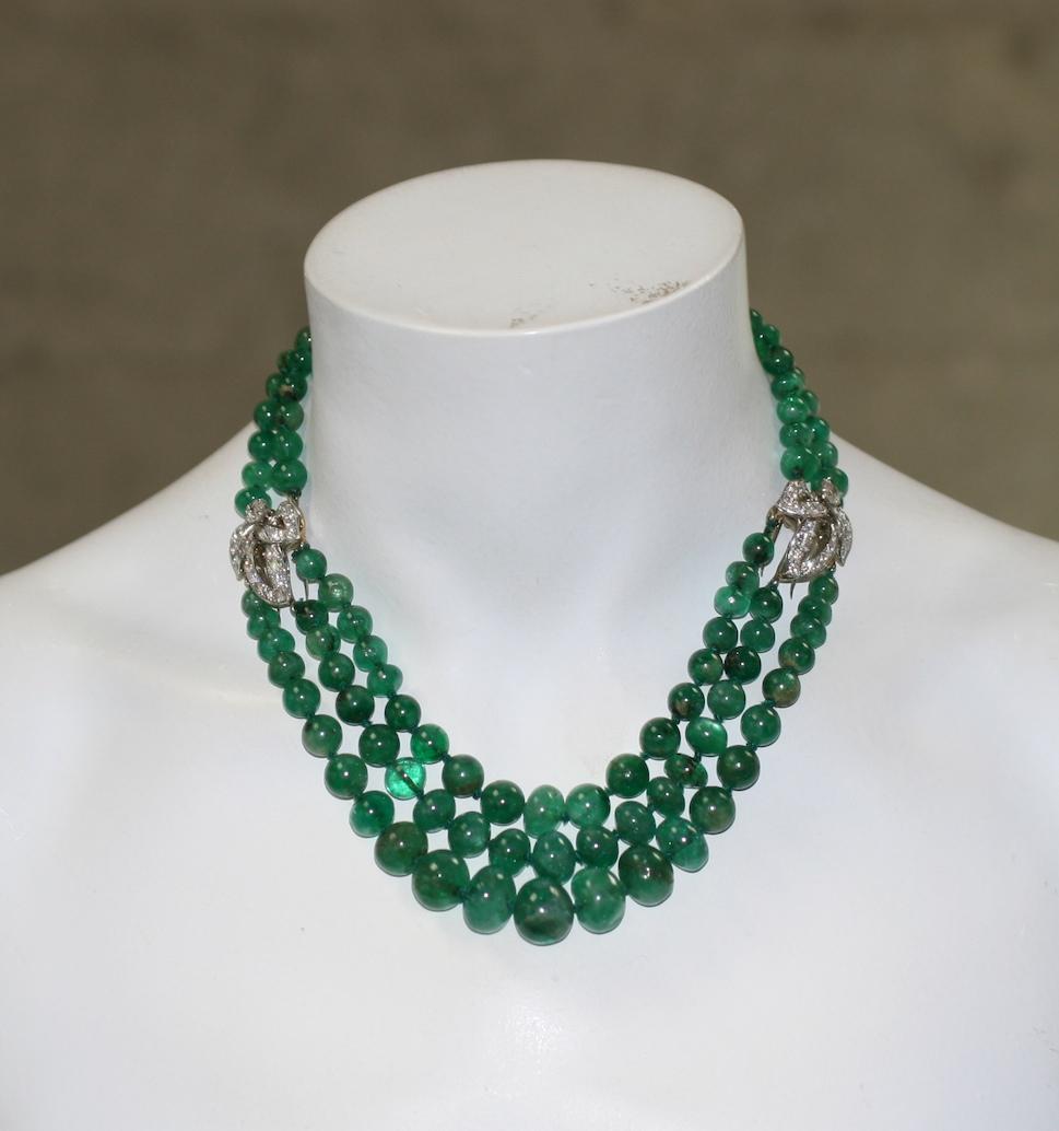 Cartier, Paris Diamond Clip and Emerald Bead Necklace For Sale 13