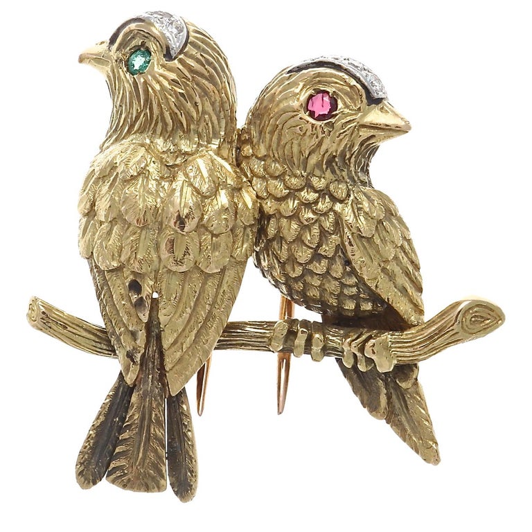 Cartier Paris Diamond Emerald Ruby Gold Bird Brooch For Sale at