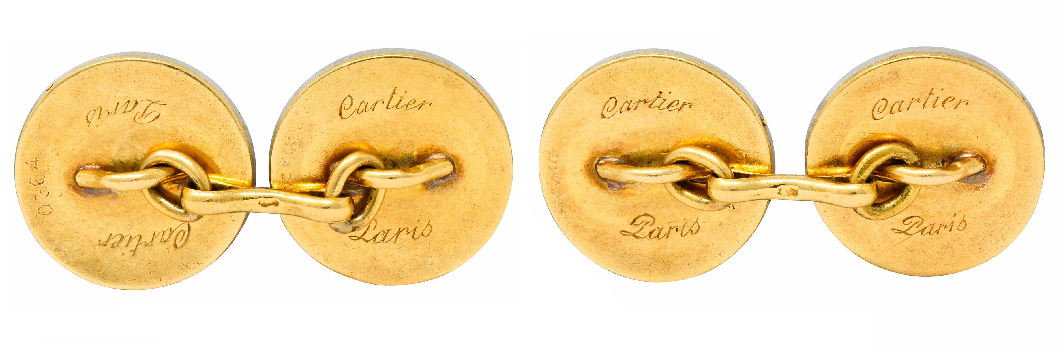 Art Deco Cartier Paris Diamond Enamel Platinum-Topped 18 Karat Gold Men's Cufflinks