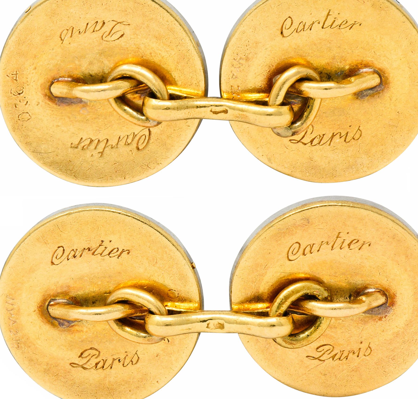 Round Cut Cartier Paris Diamond Enamel Platinum-Topped 18 Karat Gold Men's Cufflinks