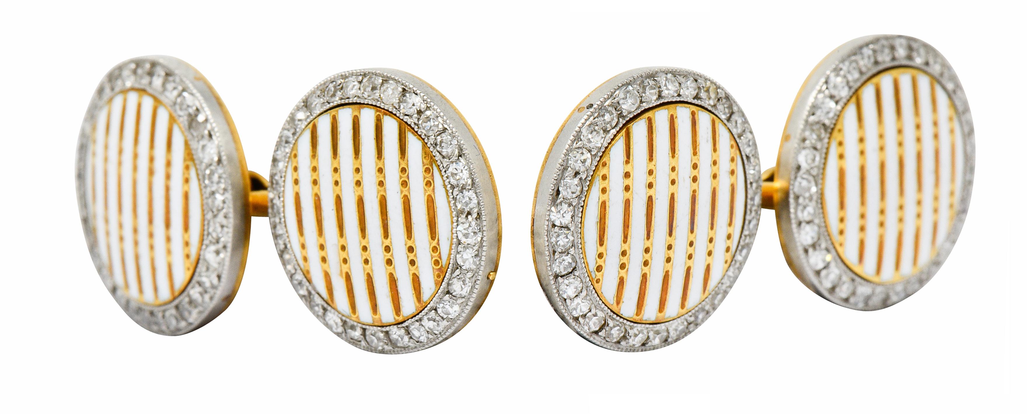 Cartier Paris Diamond Enamel Platinum-Topped 18 Karat Gold Men's Cufflinks In Excellent Condition In Philadelphia, PA