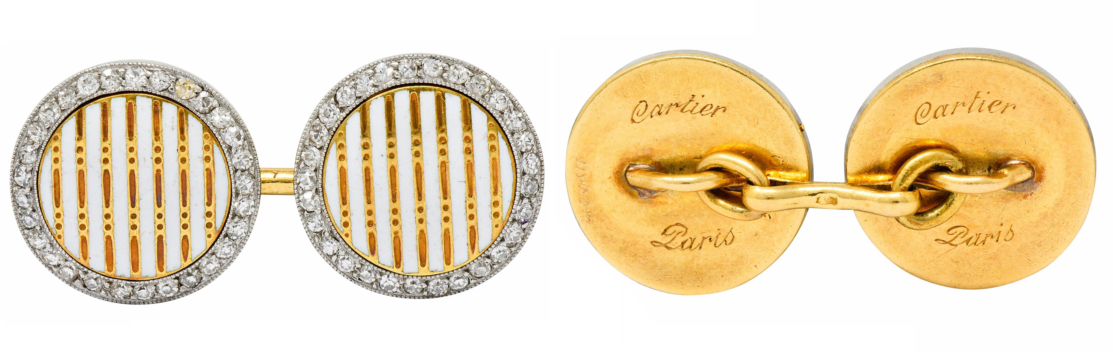 Women's or Men's Cartier Paris Diamond Enamel Platinum-Topped 18 Karat Gold Men's Cufflinks