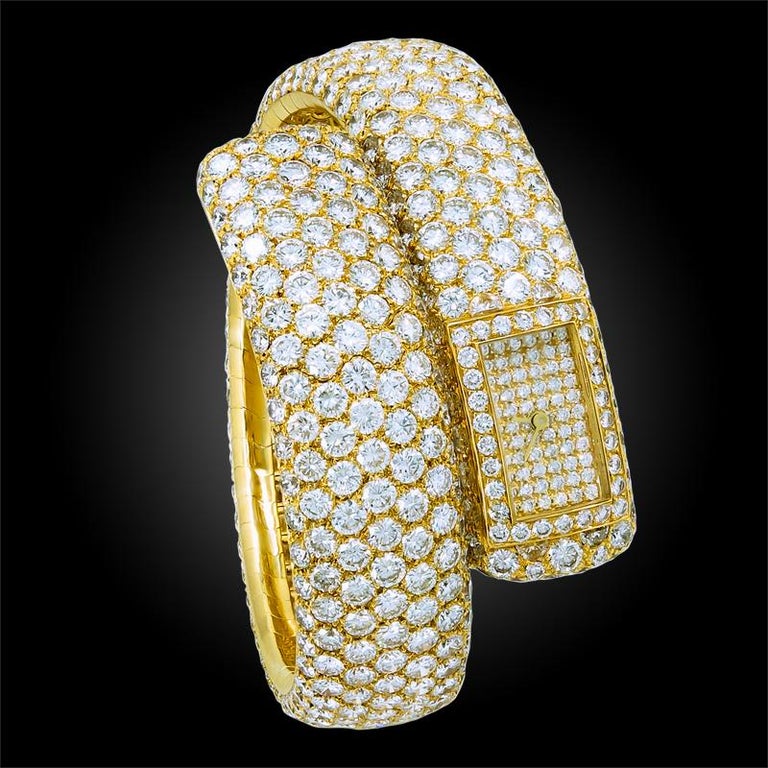 Cartier Paris Diamond Gold Bangle Watch For Sale at 1stDibs