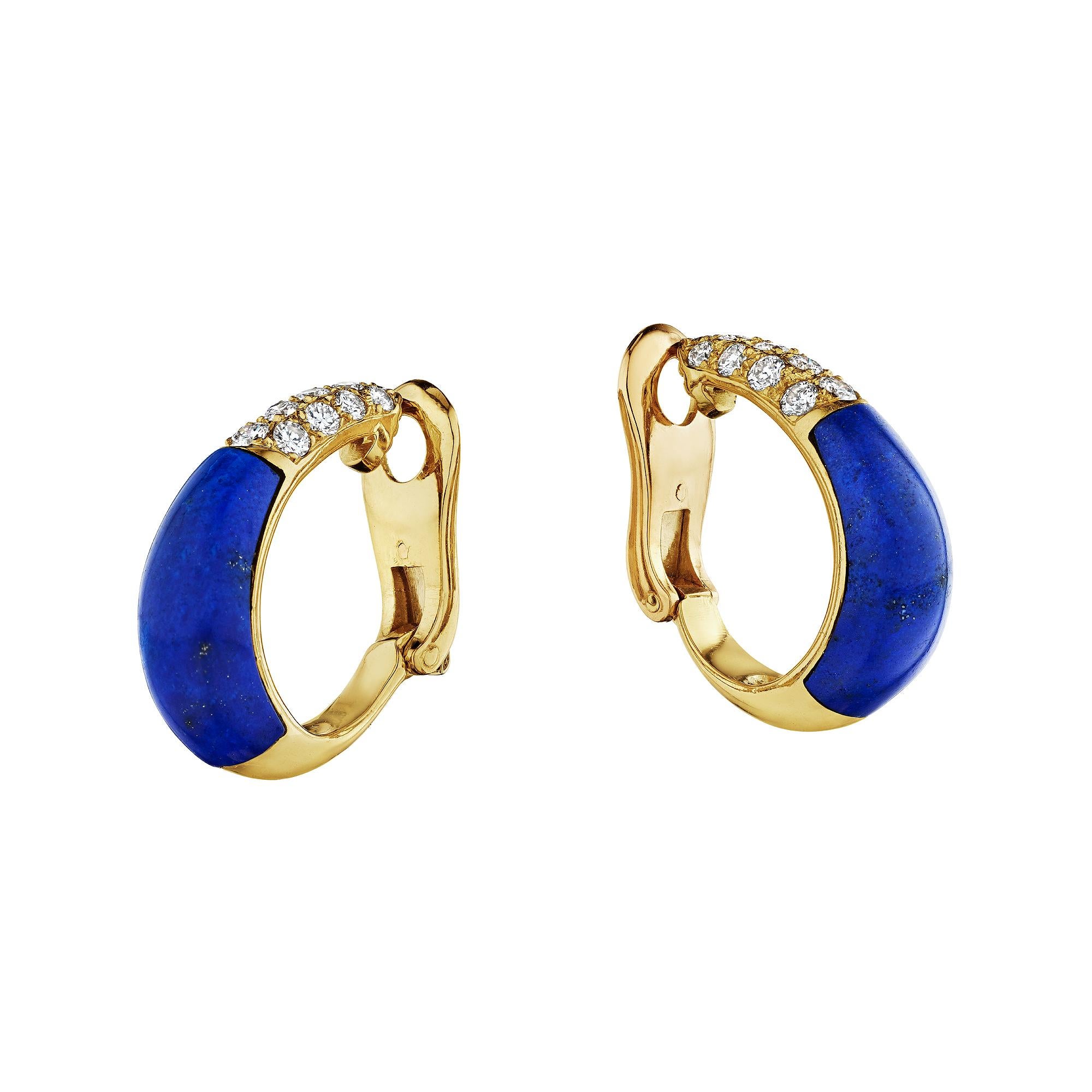 Filled with sophisticated energy these Cartier Paris modernist diamond, 18 karat yellow gold, and electric blue lapis clip hoop earrings are intoxicating.   Signed Cartier.  Stamped with serial #R8981.  Circa 1980.  Total approximate round cut