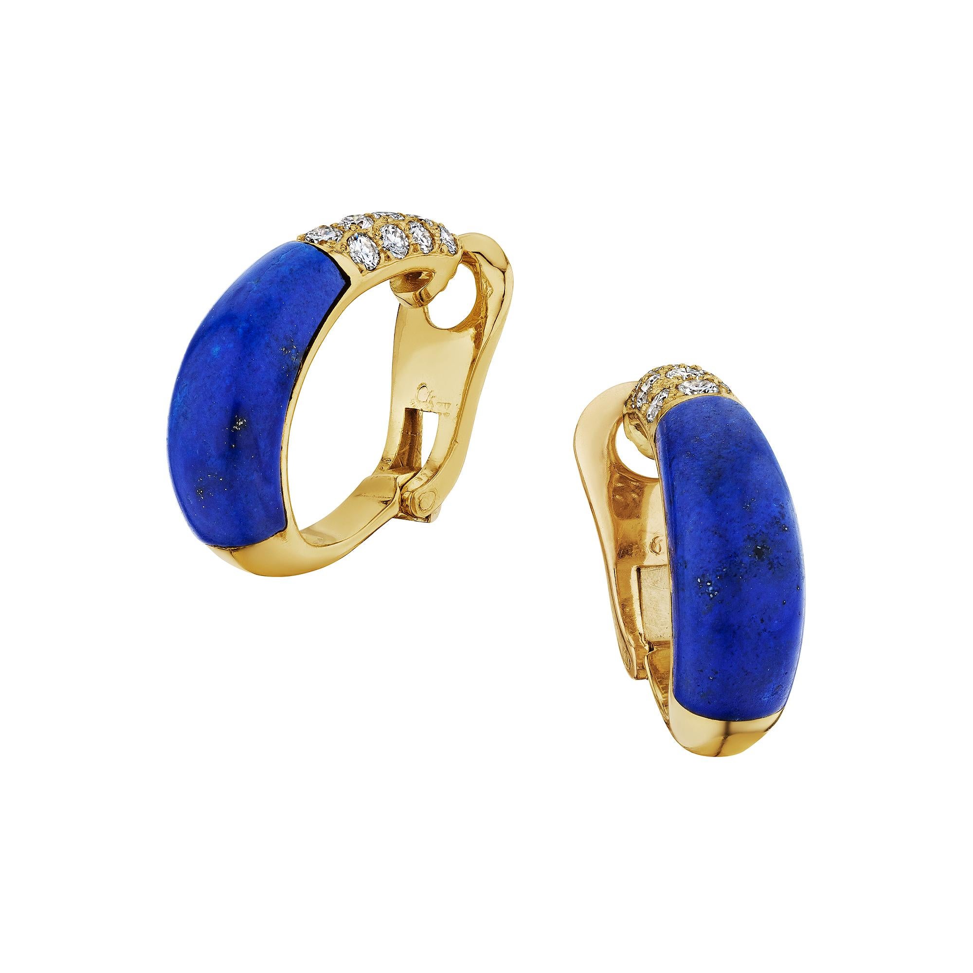 Modernist Cartier Paris Diamond Gold Electric Blue Lapis Clip Hoop Earrings