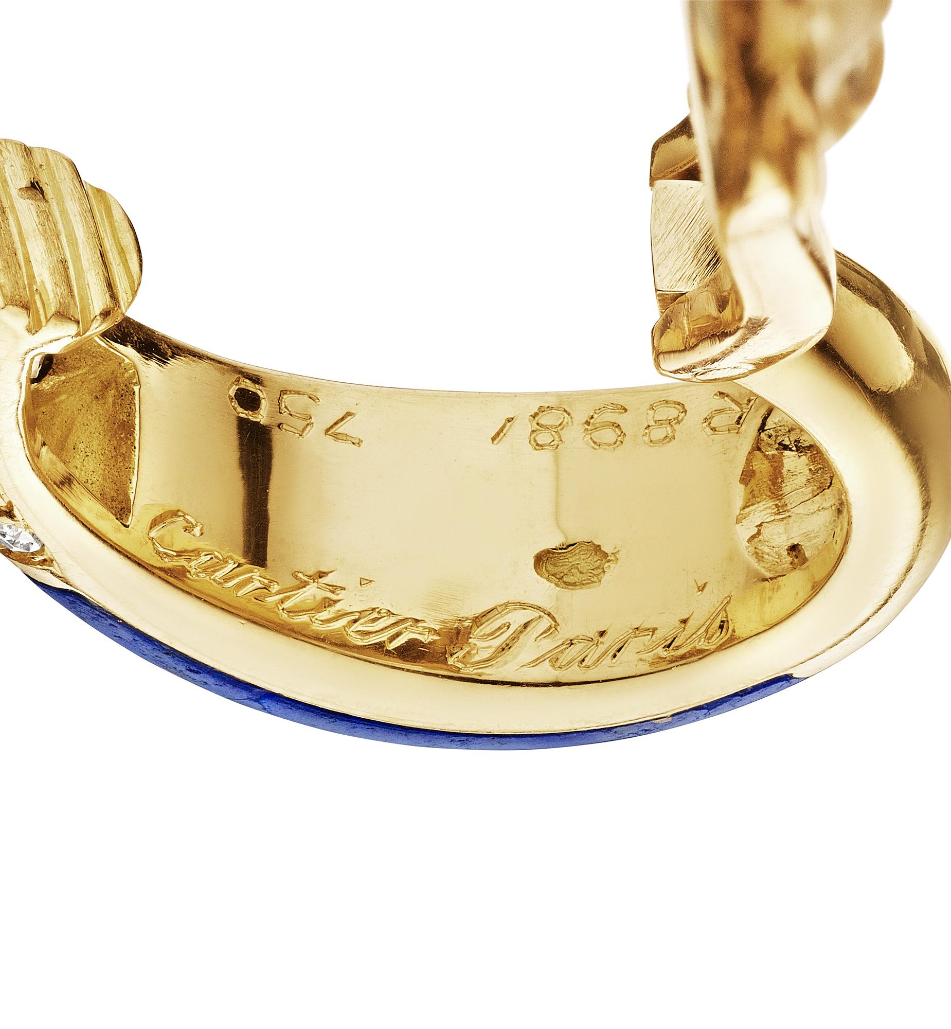 Round Cut Cartier Paris Diamond Gold Electric Blue Lapis Clip Hoop Earrings