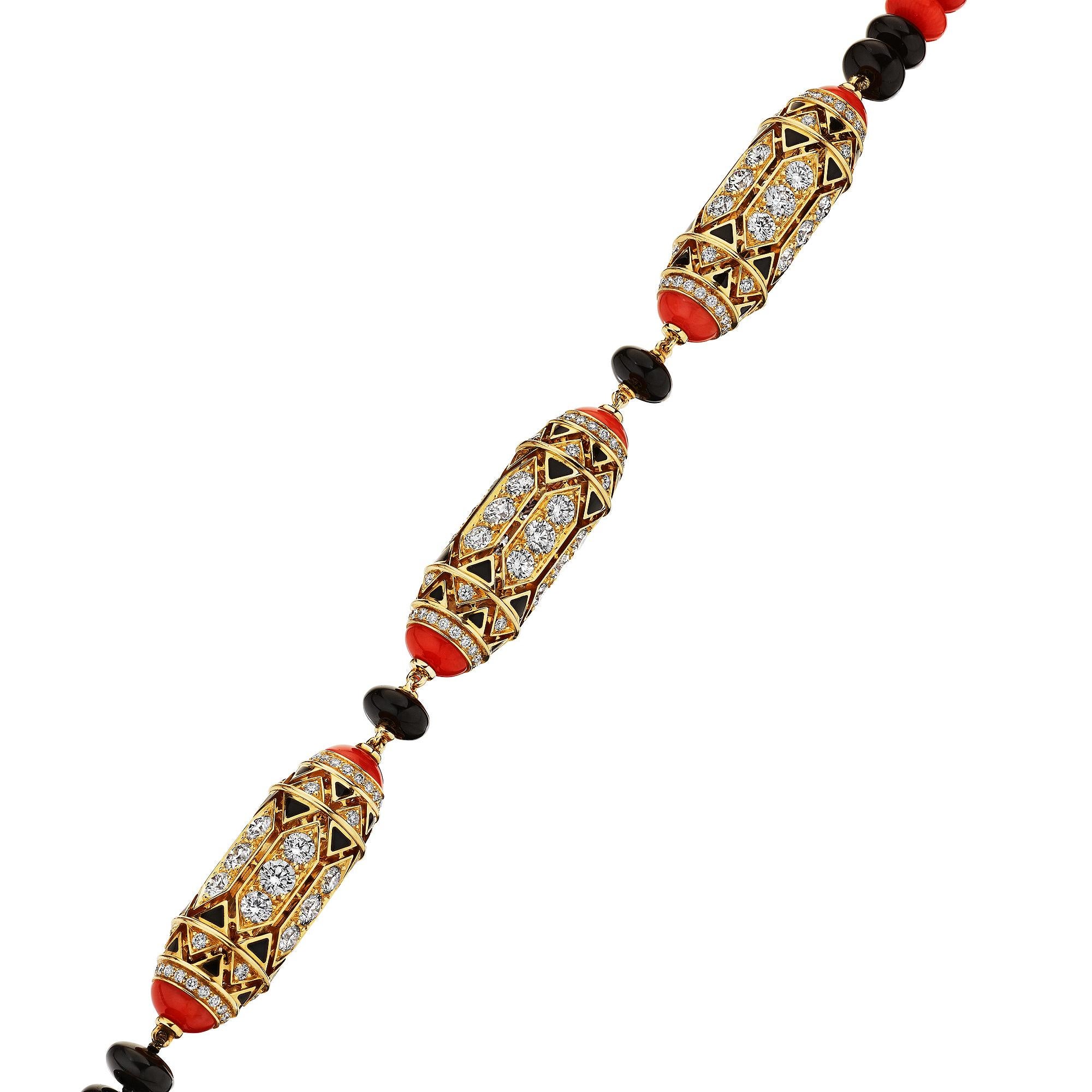Contemporary Cartier Paris Diamond Onyx Coral Gold Long Bead Necklace For Sale